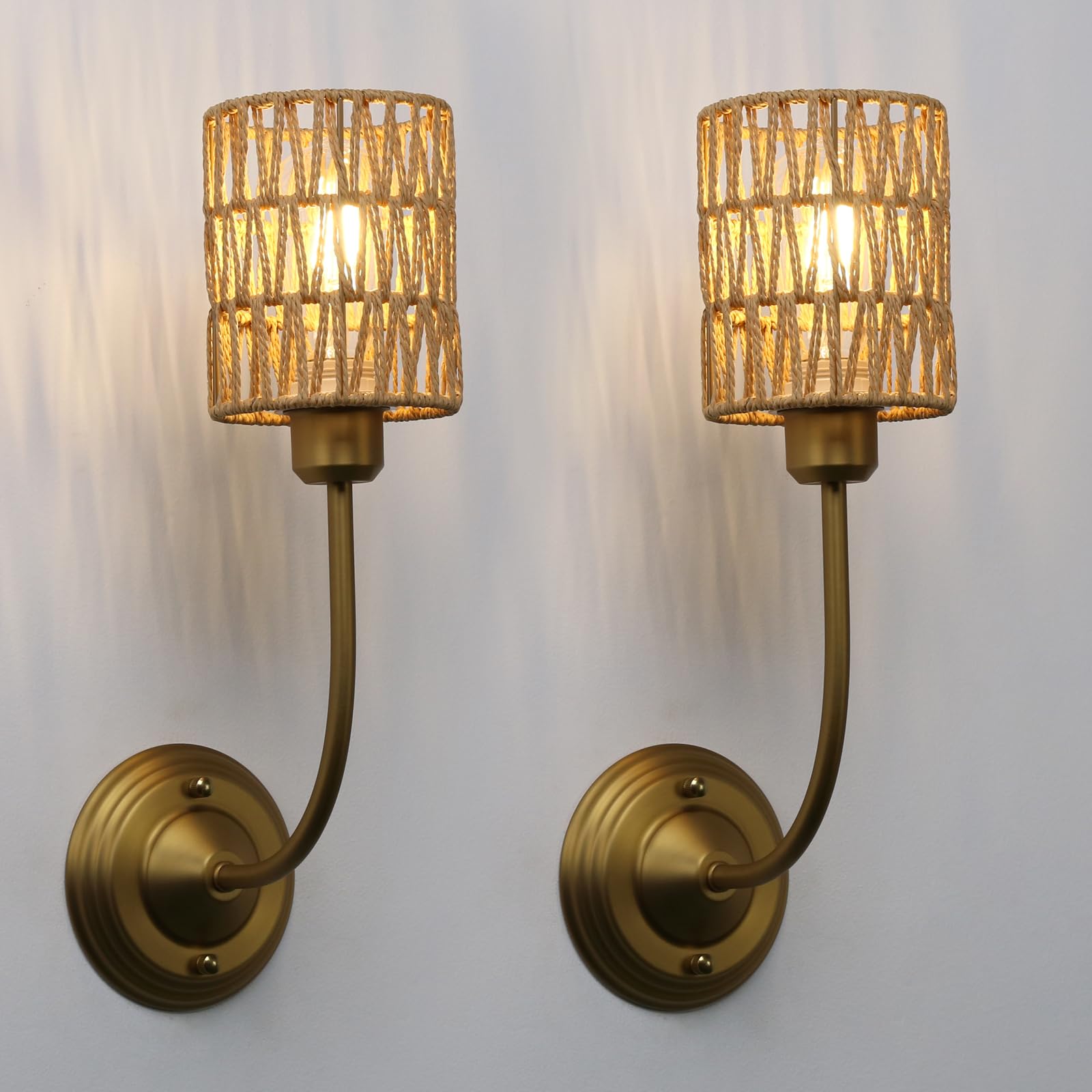 Yosoan Set of 2 Rattan Boho Wrapped Wall Sconce Light, Indoor Hardwired Gold Hand-Woven Farmhouse Vintage Wall Lamps, Brass Handmade Shade Wall Mount Fixture for Reading Bedside Bedroom(Antique)