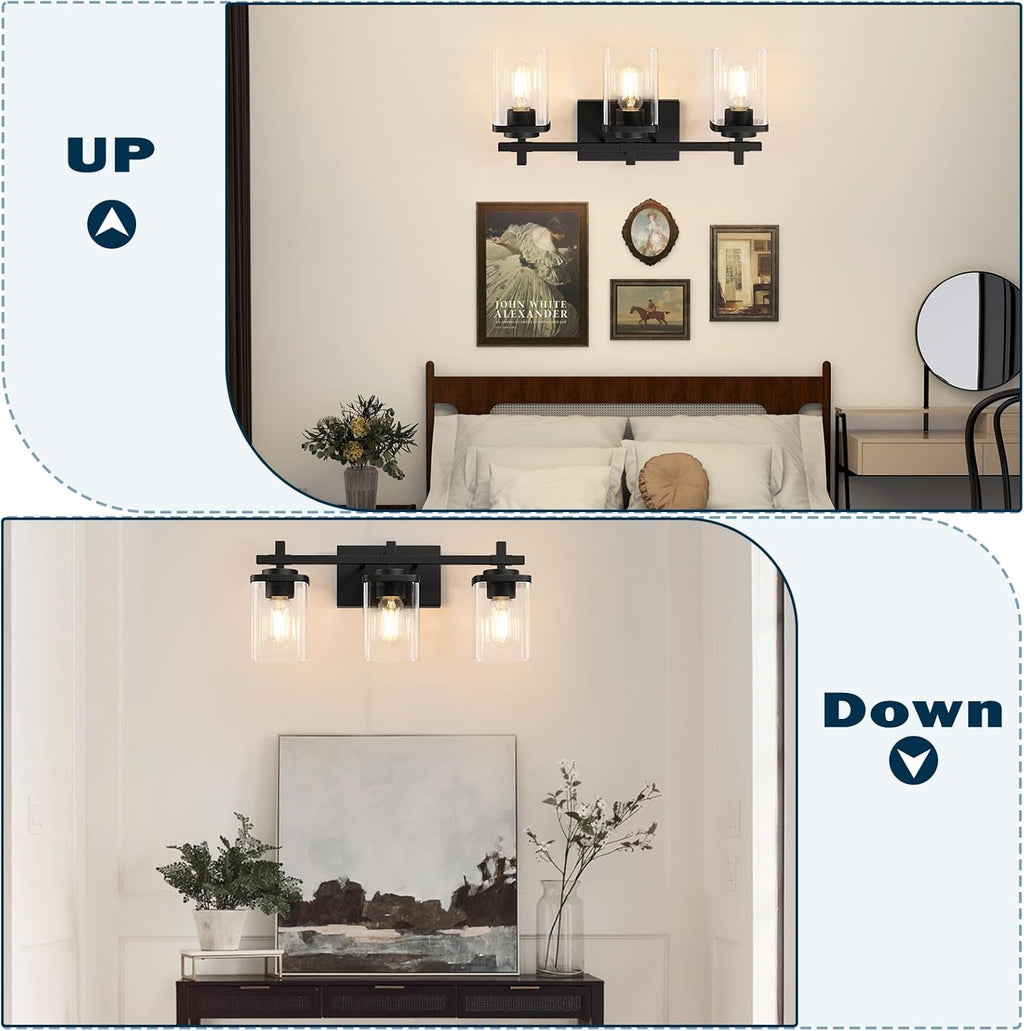 3-Lights Bathroom Vanity Light Fixtures, Modern Black Vanity Lights Over Mirror with Clear Glass Shade for Bathroom, Wall Mounted Lamp for Bedroom Hallway Living Room