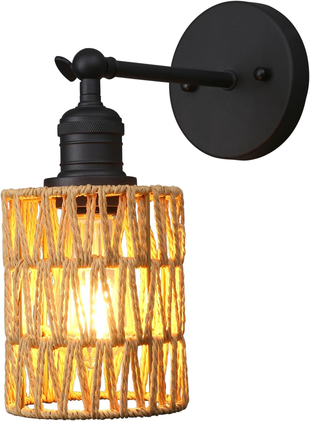 Yosoan Rattan Boho Wrapped Wall Sconce Light, Indoor Hardwired Hand-Woven Farmhouse Vintage Wall Lamps, Brass Handmade Braided Rope Small Straight Shade Wall Mount Fixture for Reading Hallway(Black)