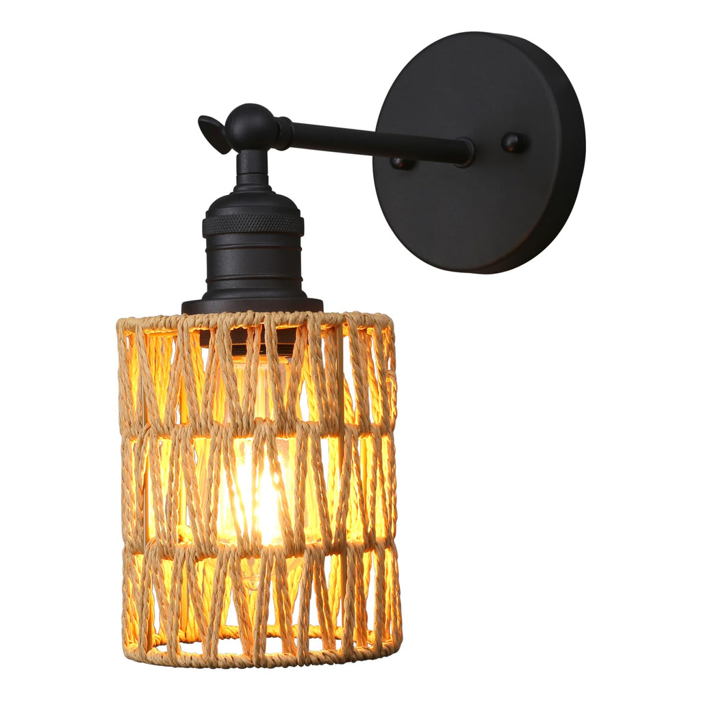 Yosoan Rattan Boho Wrapped Wall Sconce Light, Indoor Hardwired Hand-Woven Farmhouse Vintage Wall Lamps, Brass Handmade Braided Rope Small Straight Shade Wall Mount Fixture for Reading Hallway(Black)
