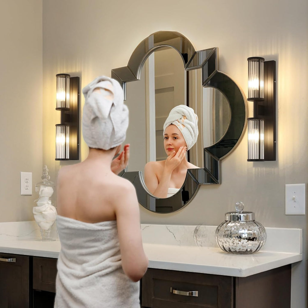 2-Light Modern Vanity Wall Lamp in Matte Black, Industrial Bathroom Lighting with Glass Rod Shades, Adjustable Modern Mirror Lights for Bedroom & Bathroom, Wall Sconce for Makeup Vanity