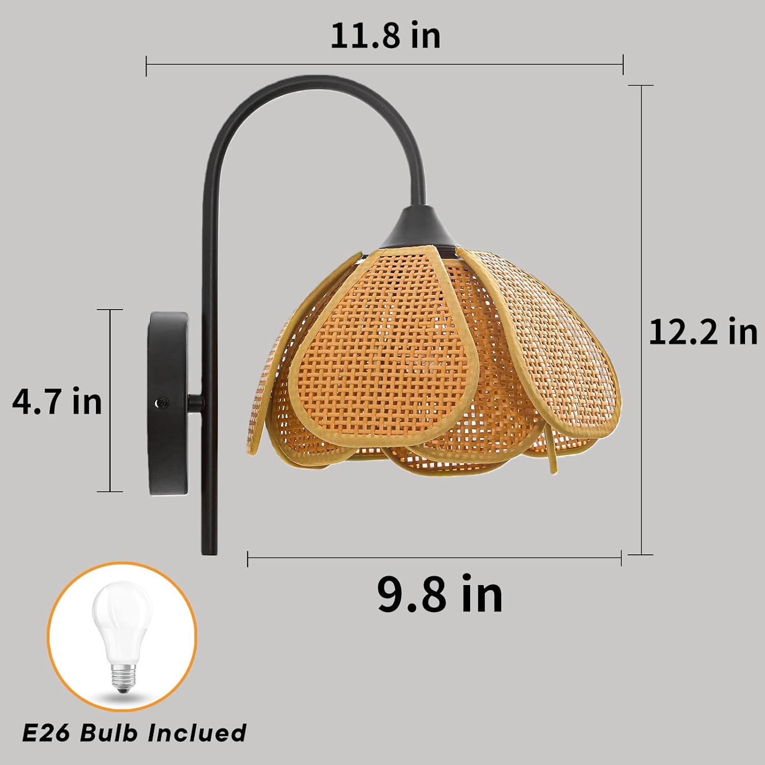 Boho Rattan Wall Sconce, 9.8in Flower Petal Hand-Woven Rattan Wall Lamp, Modern Farmhouse Hardwired Wall Light Fixture for Bedroom Bedside, Hallway, Living Room, Dining Room (E26 Base)