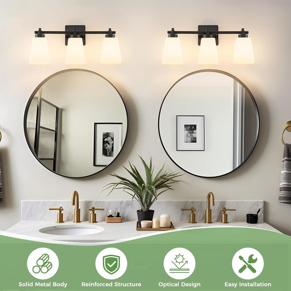 3-Light Bathroom Light Fixtures, 20" Black Modern Vanity Lights with Glass Shade, Bathroom Wall Lamp for Mirror Kitchen Living Room Hallway Porch (Matte Black, 3-Light)