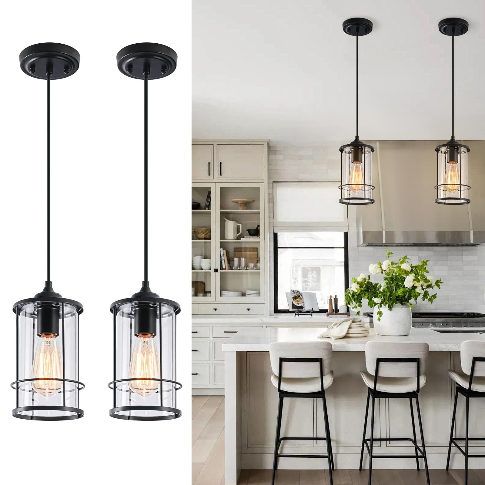 AKEZON Pendant Lights, Black Hanging Light Fixtures Kitchen Island 2 Pack with Clear Glass, Modern Industrial Cage Pendant Lighting for Kitchen Dining Room Entryway Bathroom