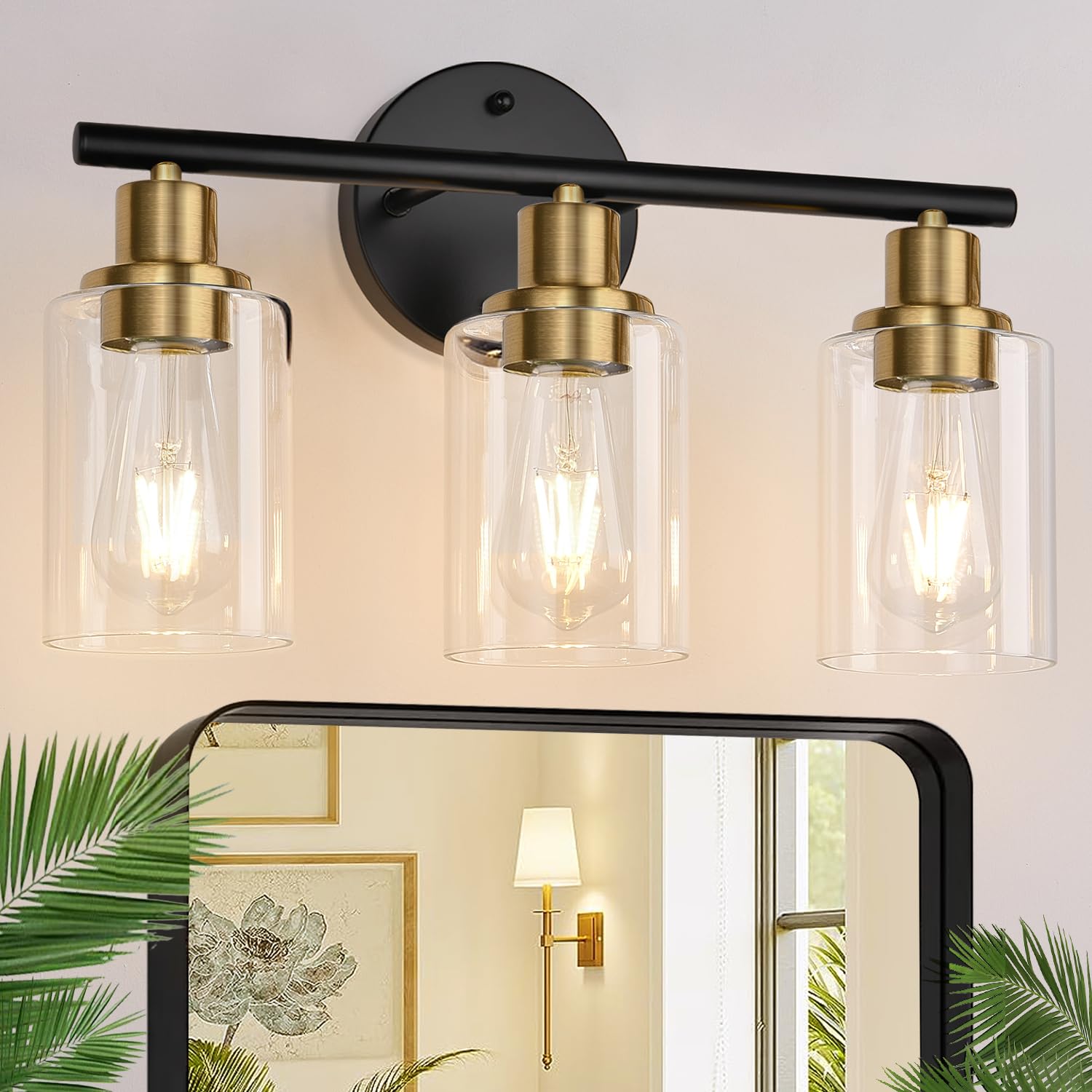 Zarbitta 3-Light Bathroom Light Fixtures, 17.23" Black Modern Vanity Lights with Clear Glass Shade, Bathroom Wall Lamp for Mirror Kitchen Living Room Hallway Cabinet Porch