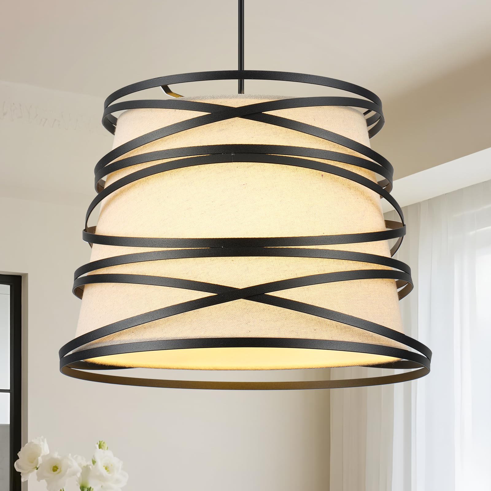Modern Drum Pendant Light with Black Metal Cage & Cream Fabric Shade, Industrial Farmhouse Hanging Light Fixture for Kitchen Island, Dining Room, Living Room, Hallway