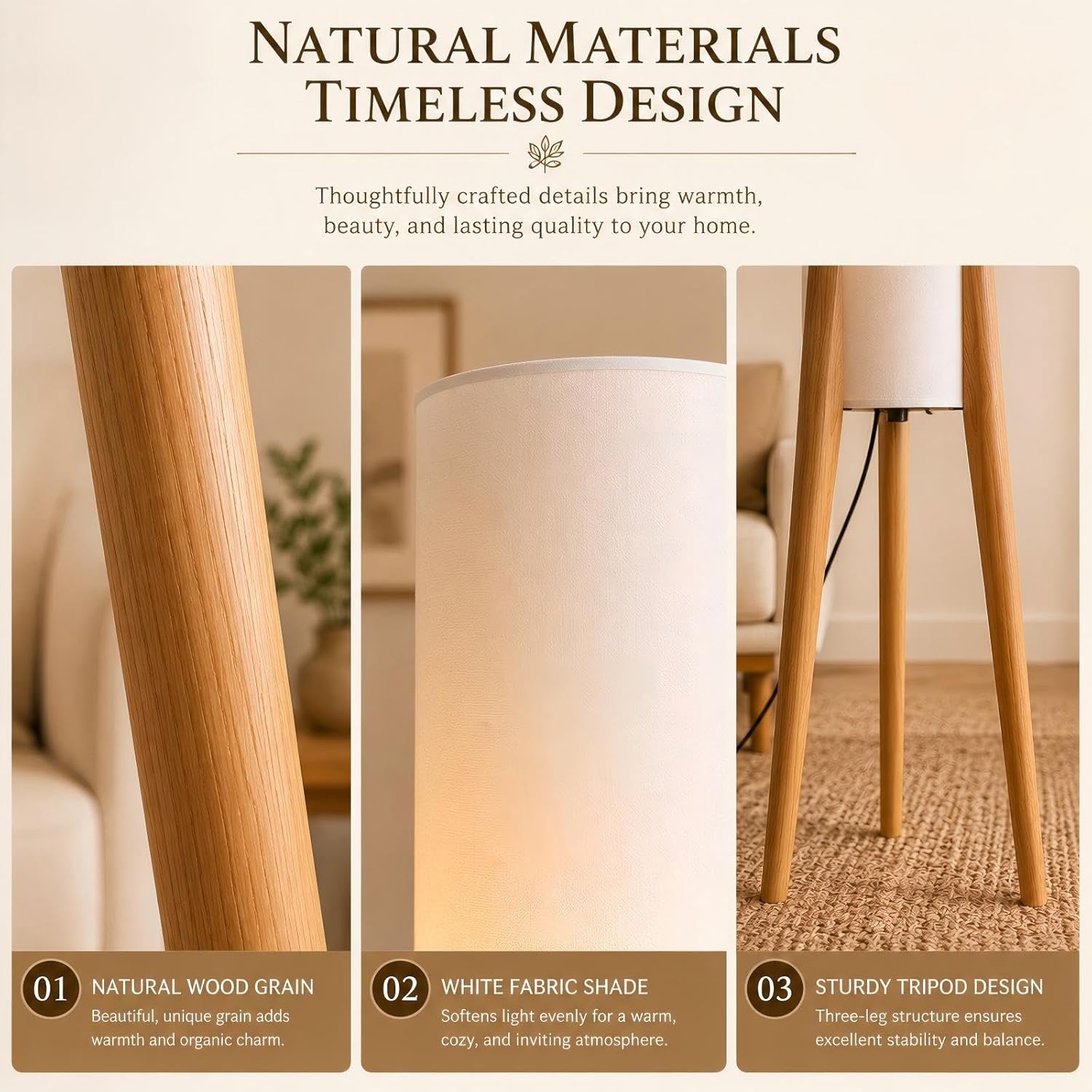 50 Nordic Wood Floor Lamp, 3 Color Light with Fabric Shade for Living Room Bedroom