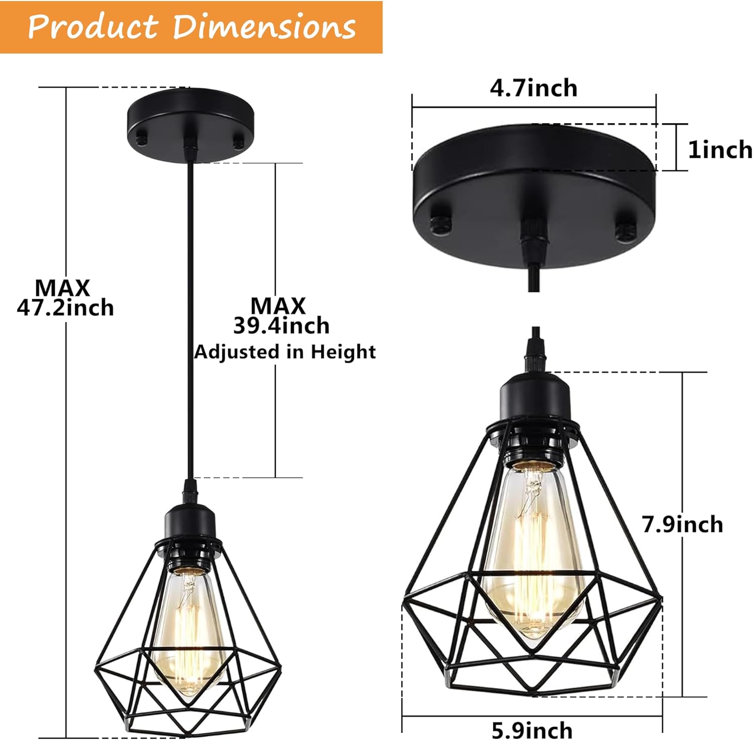 COTTAGE LIFE Black Pendant Light Fixtures 2 Pack, Farmhouse Industrial Metal Cage Pendant Lights, Adjustable Hanging Light Fixtures for Kitchen Island, Dining Room, Bar, Bedroom, Hallway
