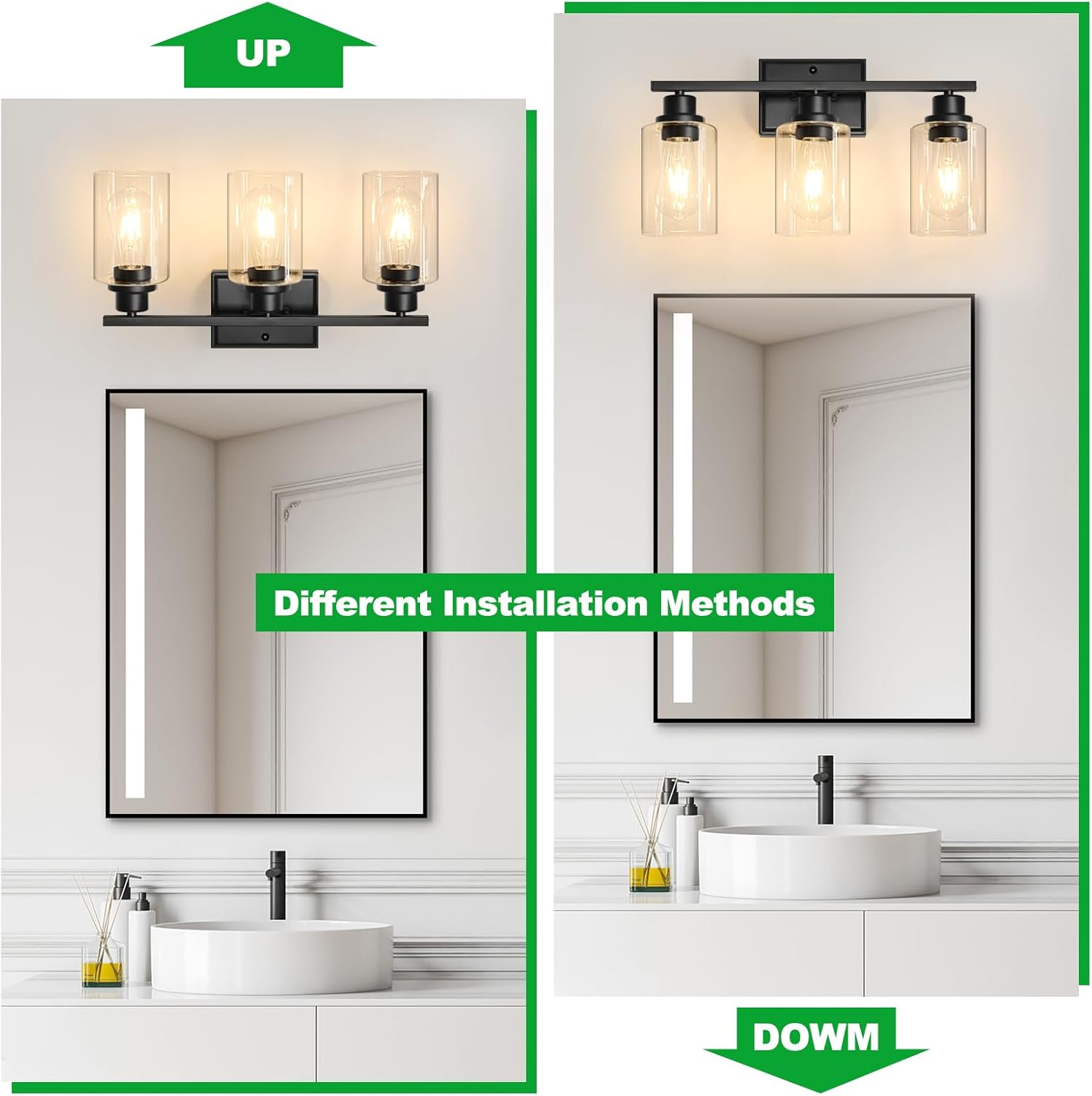 Unicozin 3 Light Bathroom Light Fixtures, Modern Vanity Lights Over Mirror, Black Wall Lamp with Clear Glass for Living Room Cabinet Bedroom Porch