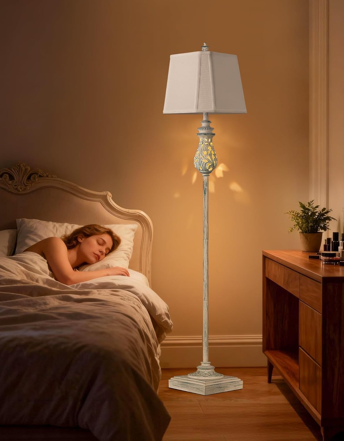 64" Farmhouse Floor Lamp, Vintage Standing Lamp with Nightlight & Linen Shade