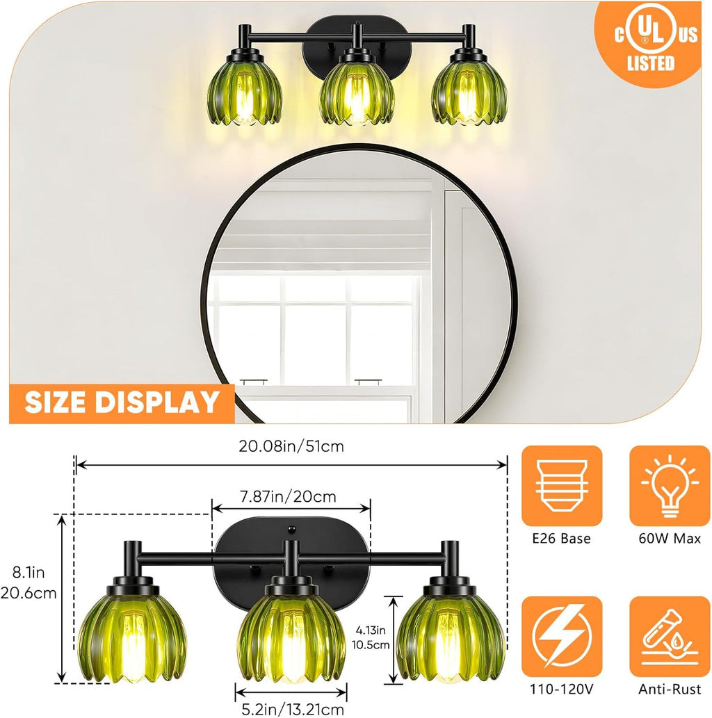 Bathroom Vanity Light, 3-Light Vanity Lighting Fixtures with Green Tulip Glass Shade, Modern Bathroom Wall Mount Lamp, Black Vanity Lights Over Mirror for Living Room, Hallway, Cabinet, Porch