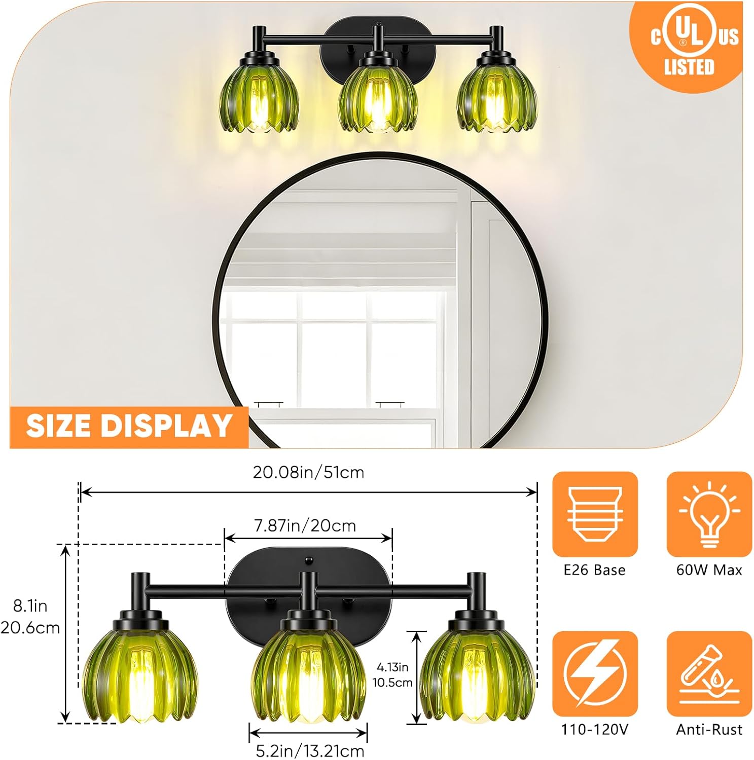 Bathroom Vanity Light, 3-Light Vanity Lighting Fixtures with Green Tulip Glass Shade, Modern Bathroom Wall Mount Lamp, Black Vanity Lights Over Mirror for Living Room, Hallway, Cabinet, Porch