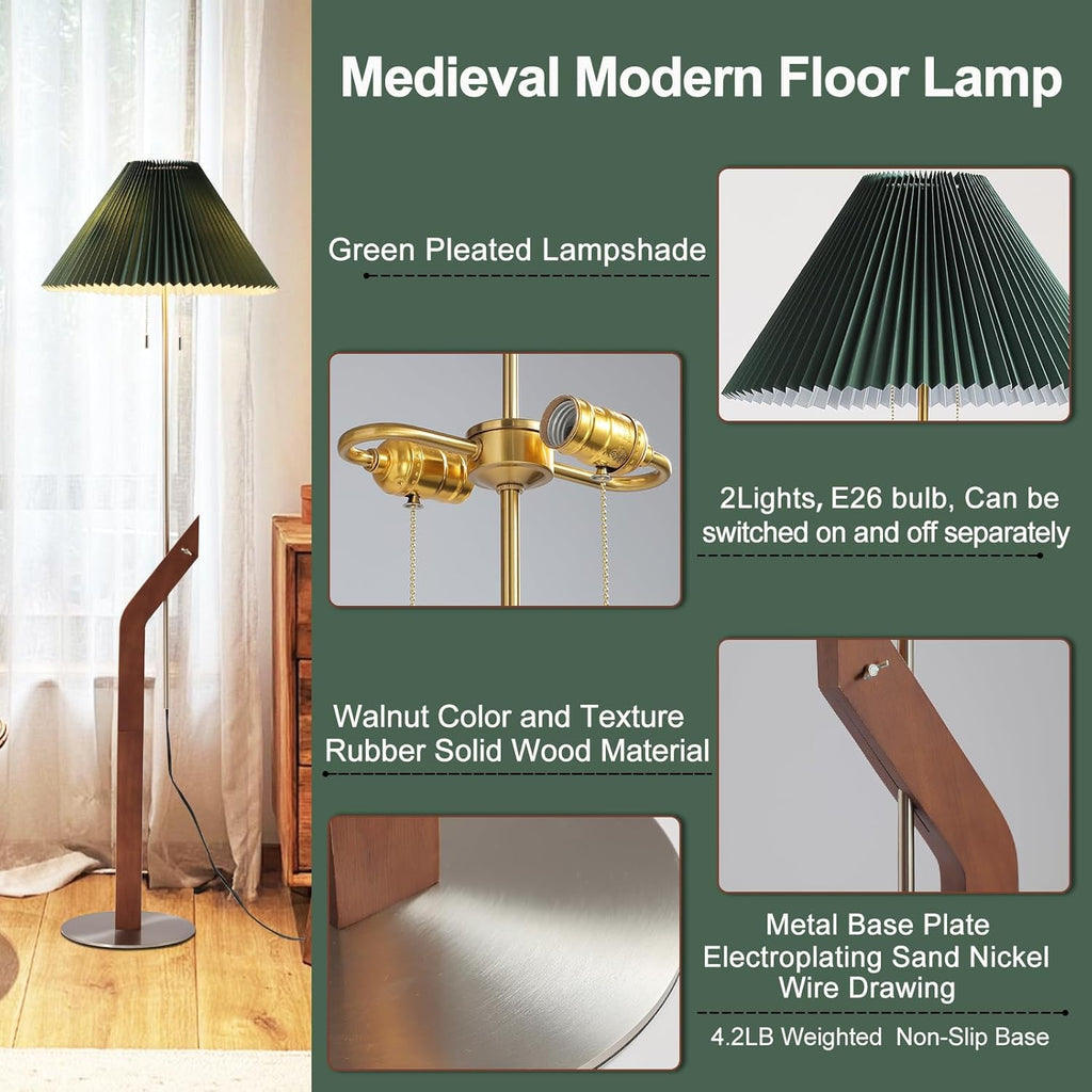 Floor Lamps for Living Room, Mid Century Modern Wood Large Floor Lamp, Height Adjustable Study Room, Bedroom, Office Tall Standing Floor Lamp, Green Pleated Lampshade