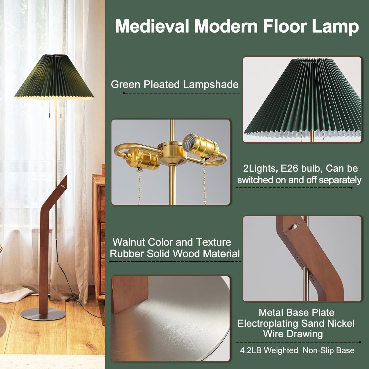 Floor Lamps for Living Room, Mid Century Modern Wood Large Floor Lamp, Height Adjustable Study Room, Bedroom, Office Tall Standing Floor Lamp, Green Pleated Lampshade