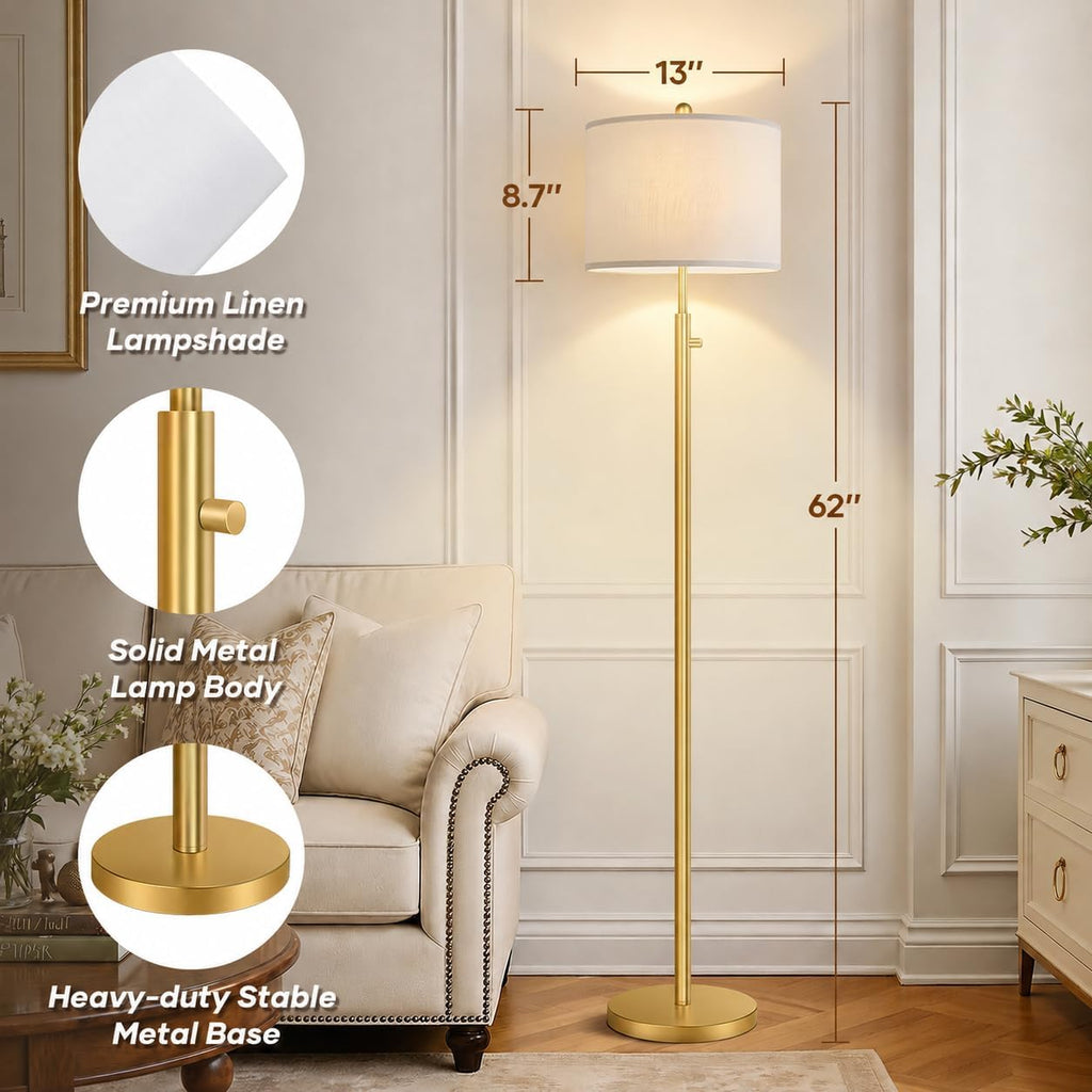 Nintiue 【Upgraded】 Dimmable Floor Lamp for Living Room, 11W LED Bulb Included, Modern Standing Lamp, Tall Pole Light with Linen Shade for Bedroom Reading Office Corner Nursery-Gold