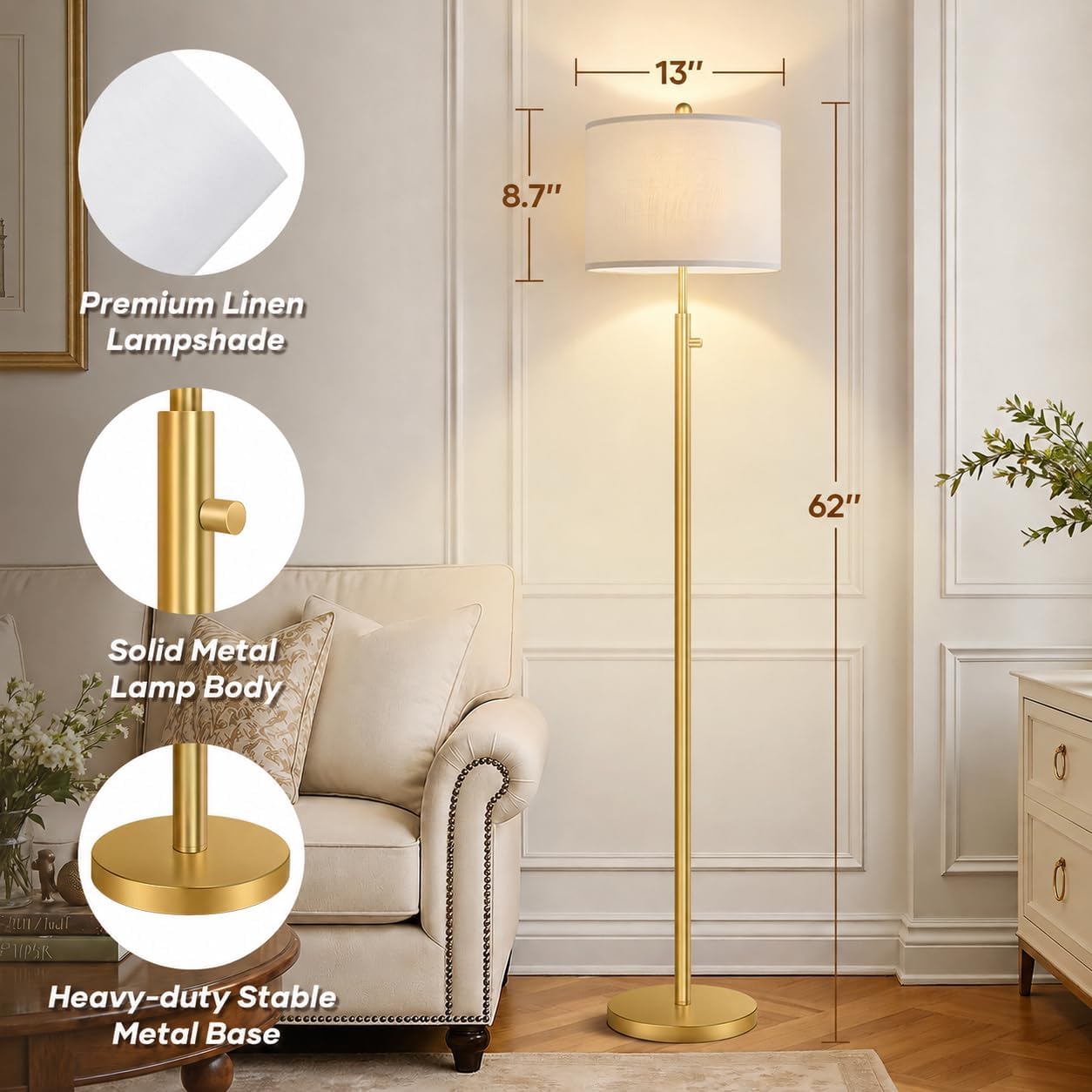 Nintiue 【Upgraded】 Dimmable Floor Lamp for Living Room, 11W LED Bulb Included, Modern Standing Lamp, Tall Pole Light with Linen Shade for Bedroom Reading Office Corner Nursery-Gold