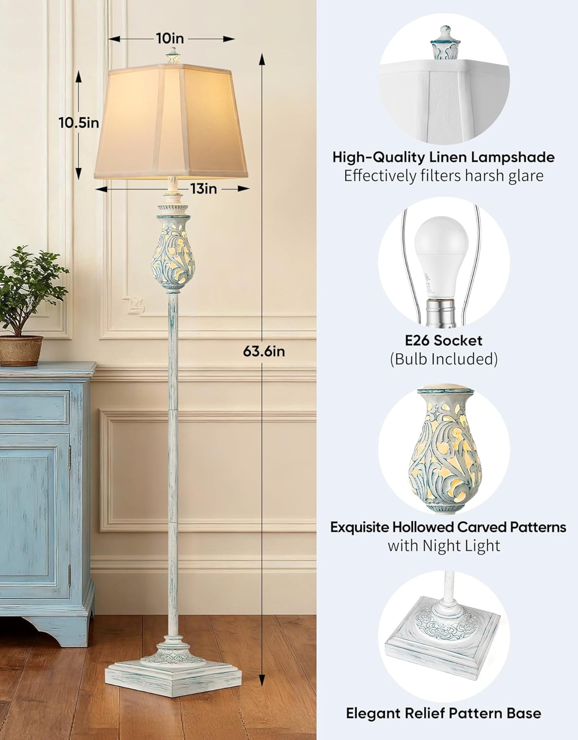 64" Farmhouse Floor Lamp, Vintage Standing Lamp with Nightlight & Linen Shade