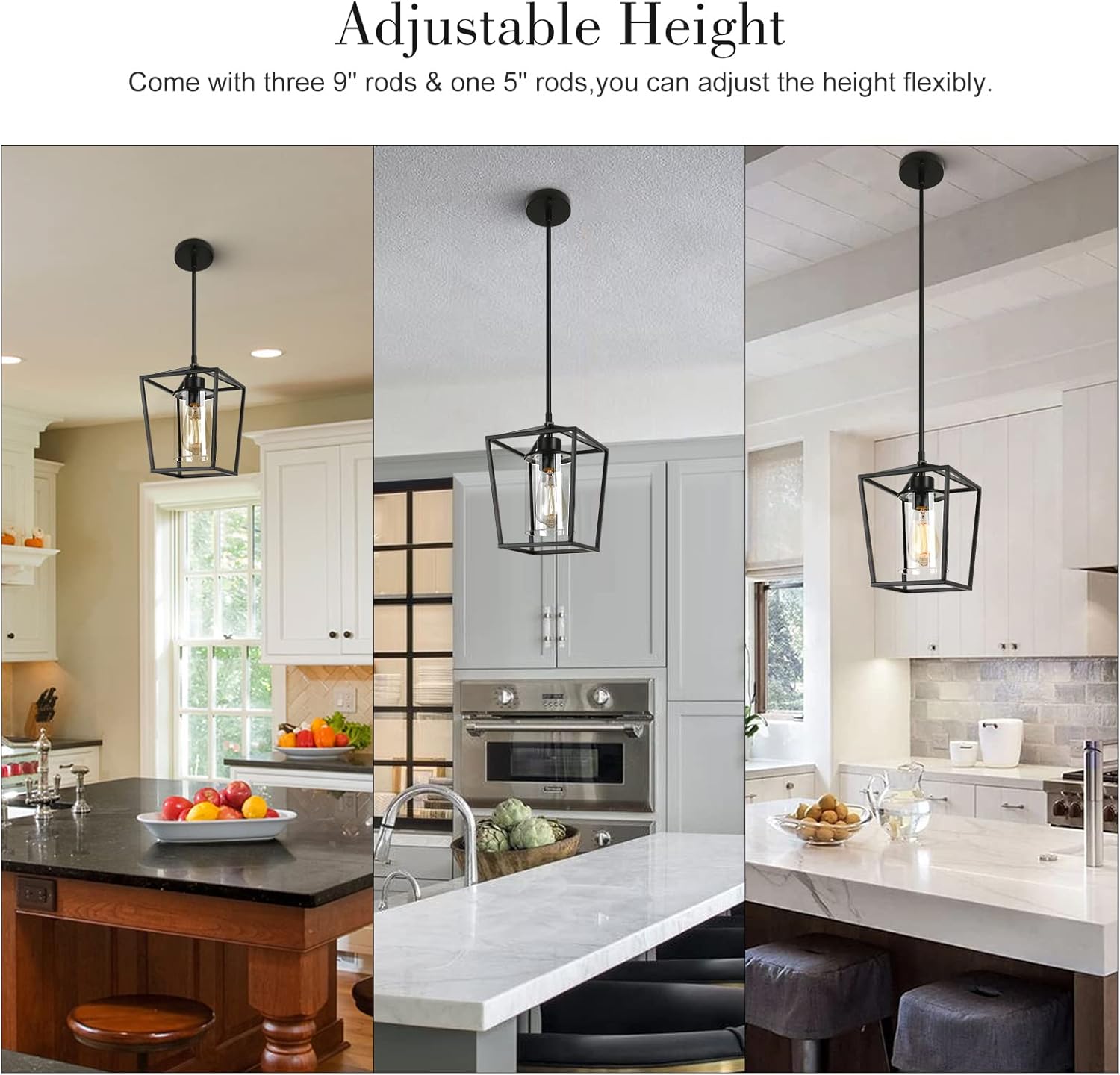 Black Pendant Lights Kitchen Island, 1-Light Farmhouse Kitchen Pendant Lighting Over Island, Metal Cage Island Hanging Lights for Kitchen, Dining Room, Entryway, Hallway, Foyer