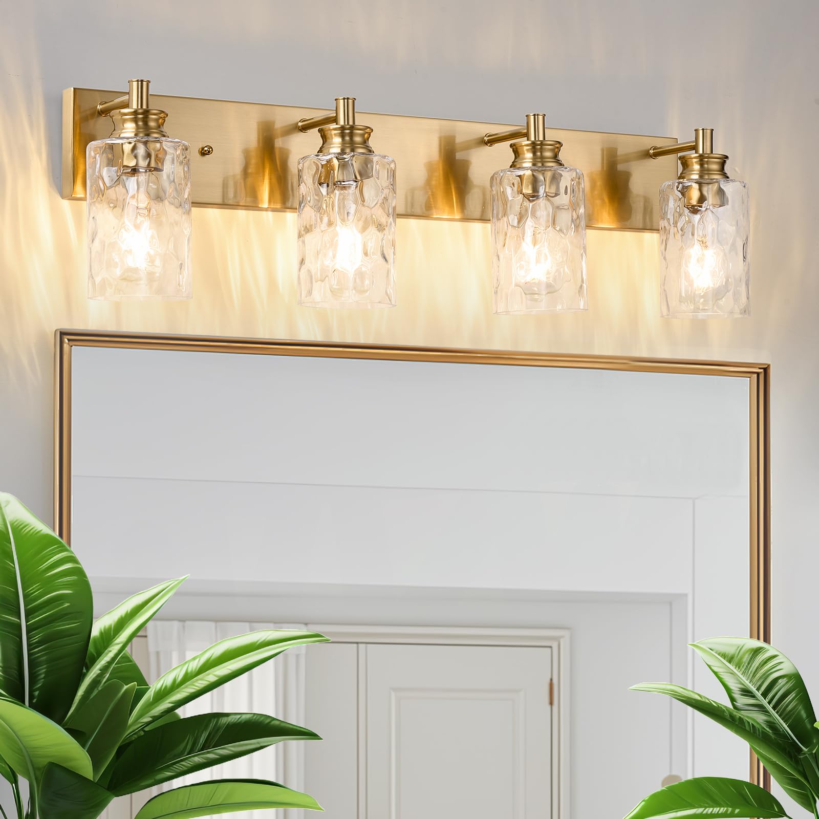 3-Light Black Vanity Light, Modern Bathroom Fixture with Hammered Glass Shades
