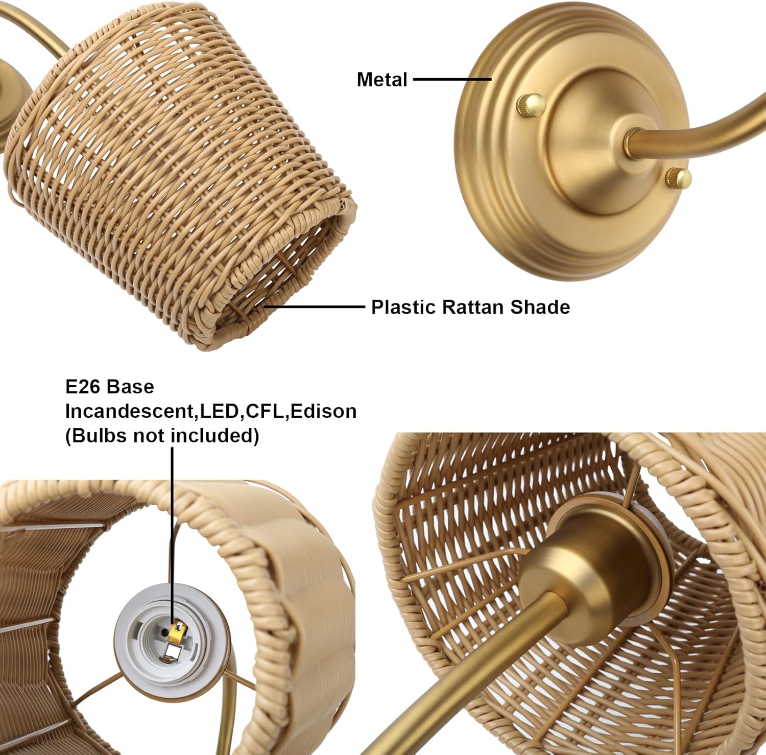 Yosoan Set of 2 Rattan Boho Wrapped Wall Sconce Light, Indoor Hardwired Gold Hand-Woven Farmhouse Vintage Wall Lamps, Brass Handmade Shade Wall Mount Fixture for Reading Bedside Bedroom(Antique)