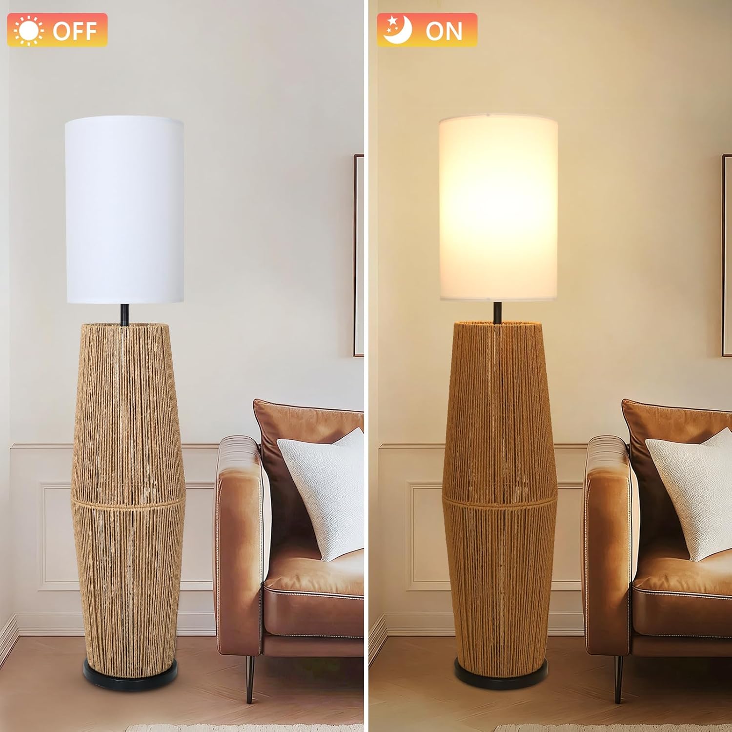 Vintage Floor Lamps for Living Room, Farmhouse Floor Lamp with Linen Shade, Boho Standing Lamp for Home Decor, Rustic Tall Lamp for Bedroom Office, Display Column Corner Lamp
