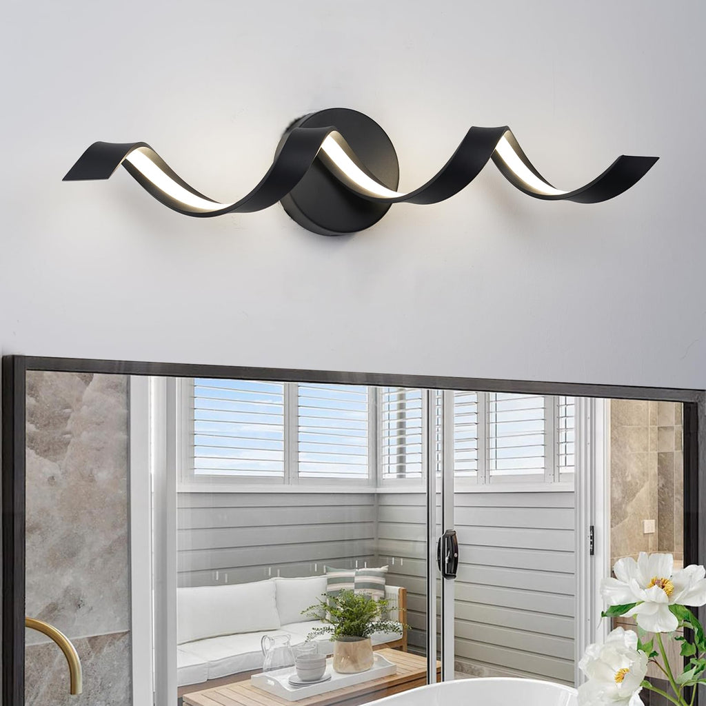 LED Modern Bathroom Vanity Light Fixtures, 24 inch Matte Black Wall Lamp Bedroom 4000K, Spiral Design Wall Sconce for Mirror, Living Room, Bedroom, Hallway 15W