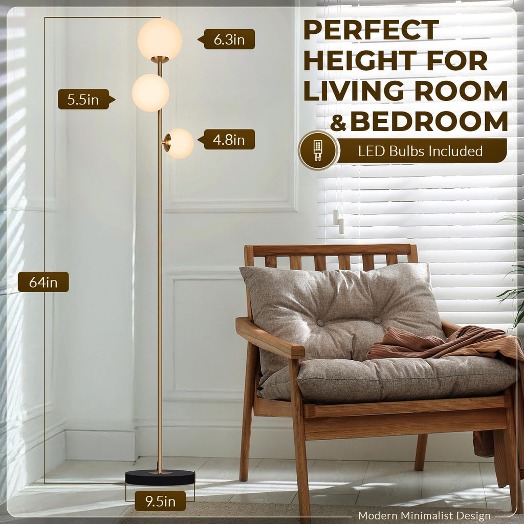 Gold 3-Globe Glass Floor Lamp, Modern LED Standing Lamp for Home