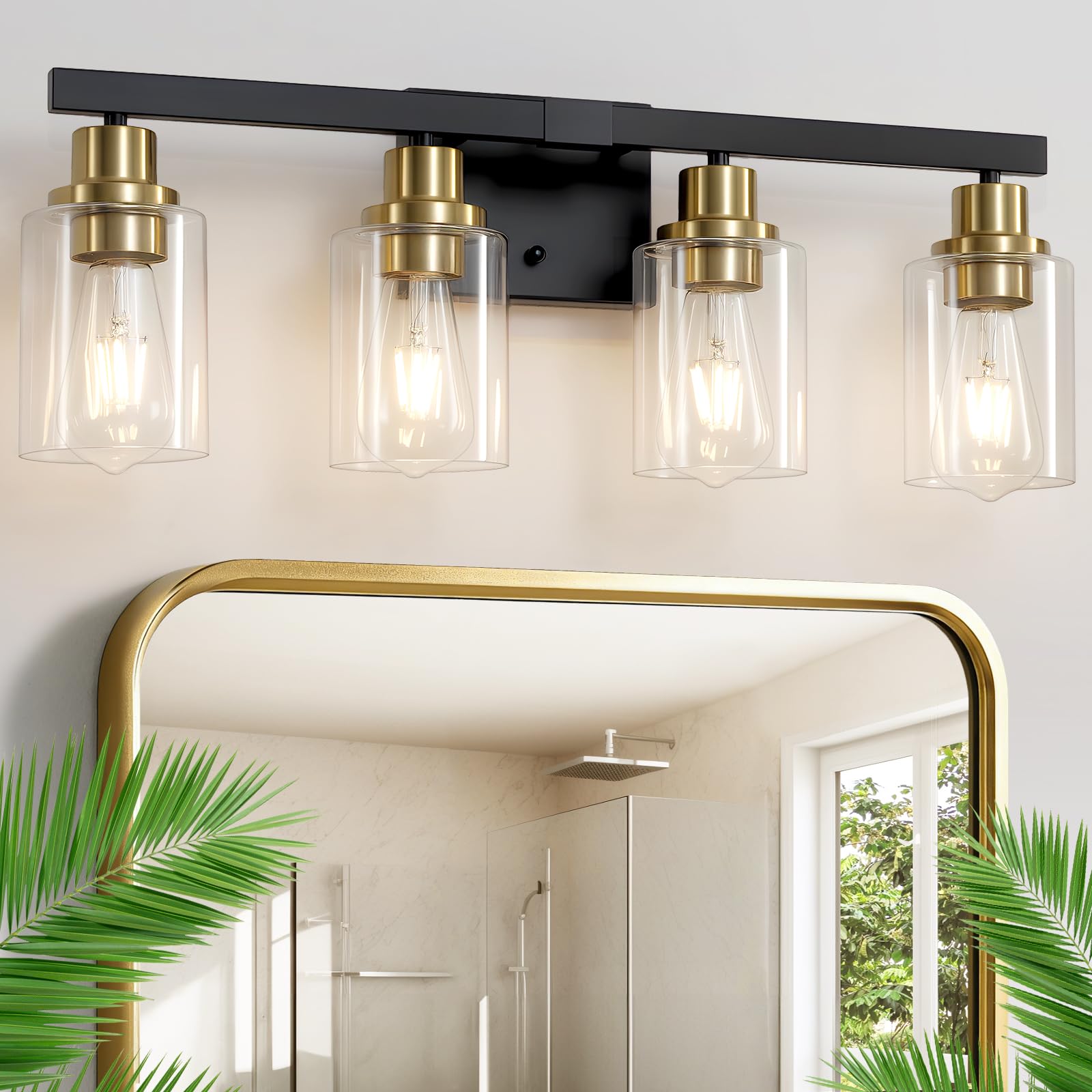 4-Light Bathroom Vanity Light, Modern Matte Black Wall Sconce Lighting with Clear Glass Shade, Bathroom Lighting Fixtures Over Mirror,Vintage Wall Mounted Lamps for Mirror Bedroom,Living Room