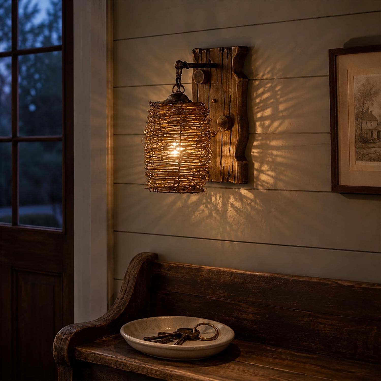 Bofea-Vintage Industrial Wall Sconces,Rustic Farmhouse Wood Hardwired Wall Lamp with Rattan Shade,Mid Century Rattan Wall Lights for Living Room Hallway,Porch Corridor Decorate