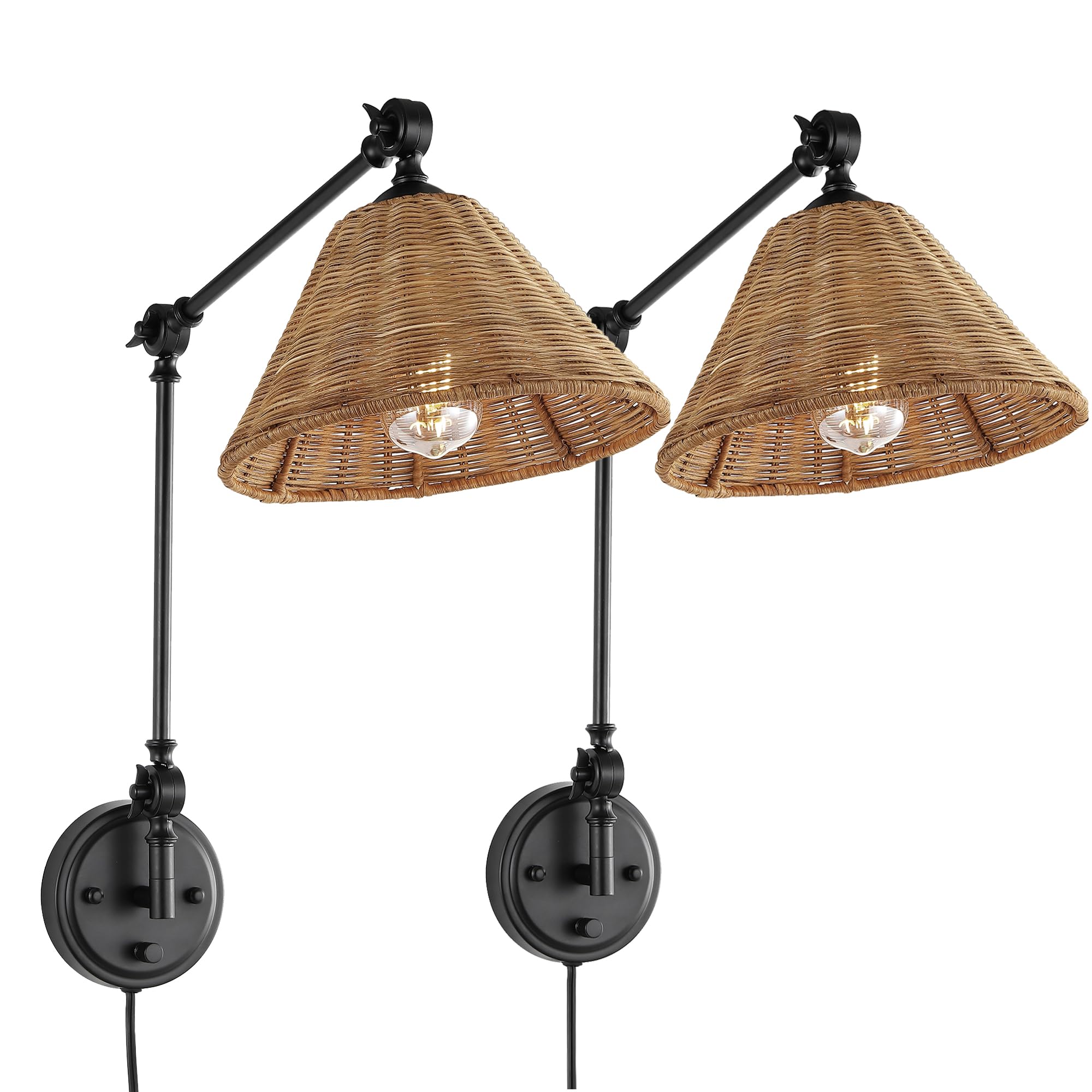 WINGBO Wall Sconce Rattan Wrapped Wall Lamp, Large Lampshade, Adjustable Swing Arm Wall Light Gold Vintage Bedside Light Fixture Wicker Handmade Shade Brass Reading Light Plug in or Hardwire (2 Pack)