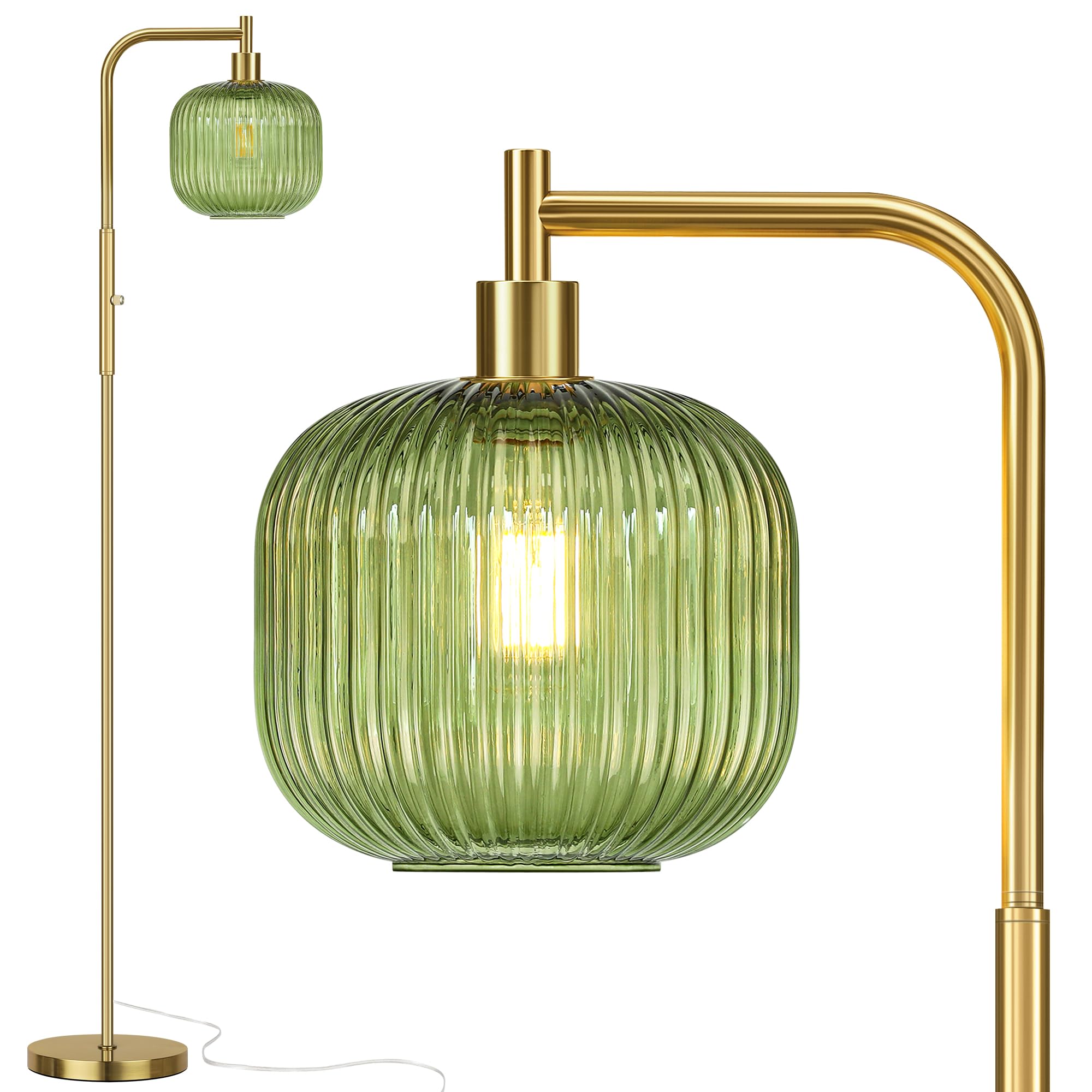 QiMH Glass Floor Lamp for Living Room, 67” Modern Standing Lamp with Cream Ribbed Glass Lampshade Pedal Switch Tall Lamp for Bedroom, Brushed Gold (2700K LED Bulb Included)