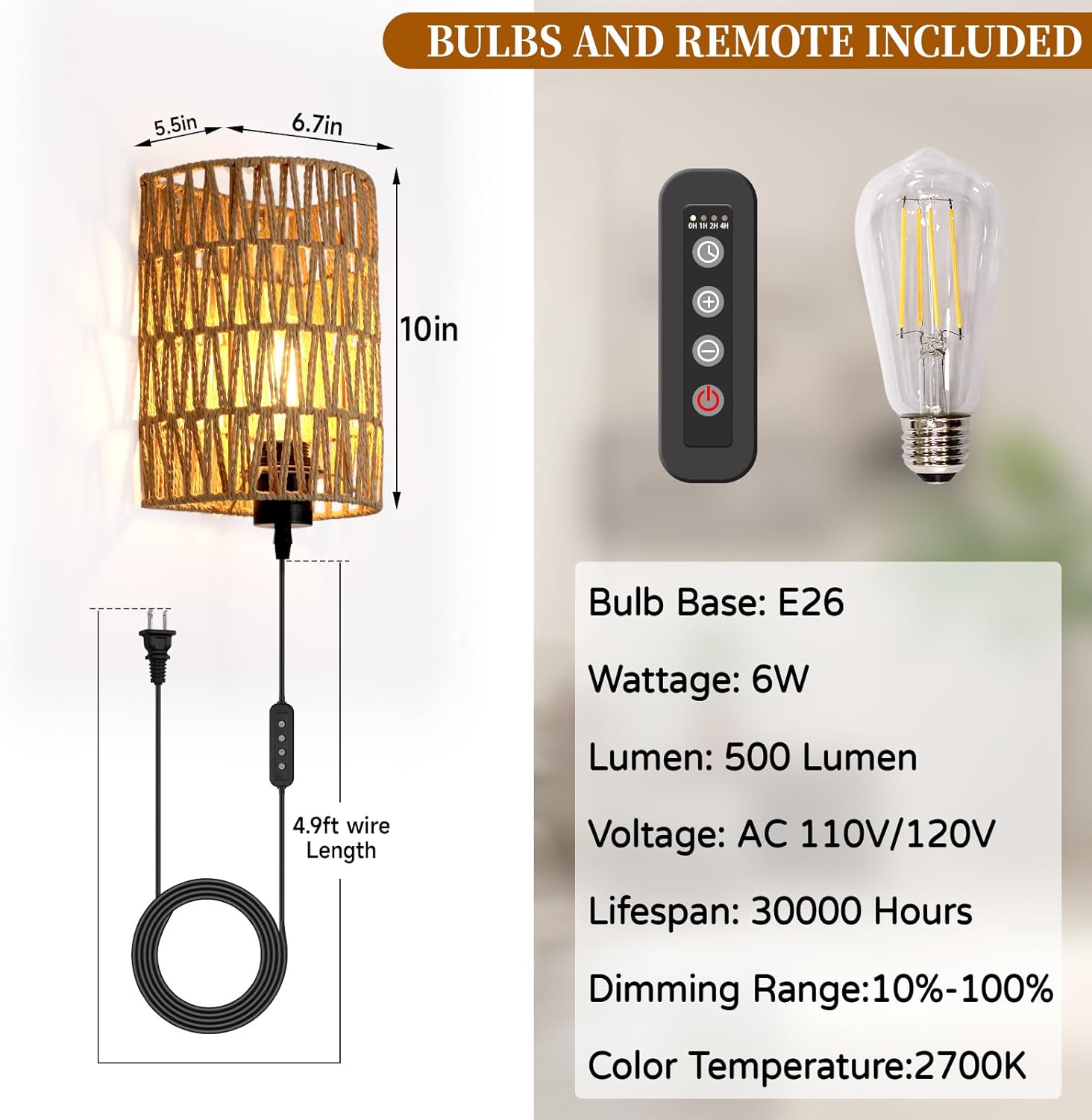 FINCMY Boho Wall Decor Plug in Wall Sconces, Dimmable Sconces Wall Decor Set of 2, Natural Hemp Rope Boho Decor, Plug in Wall Light with Remote, LED Bulbs Included