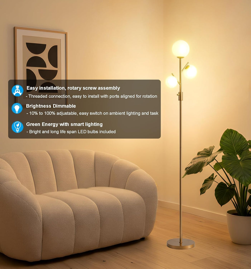 Fiqevs Mid Century Modern 3 Globe Tree Floor Lamp - Dimmable LED Standing Lamp with Bulbs, Warm Light for Living Room Bedroom Office - Antique Brass/Gold