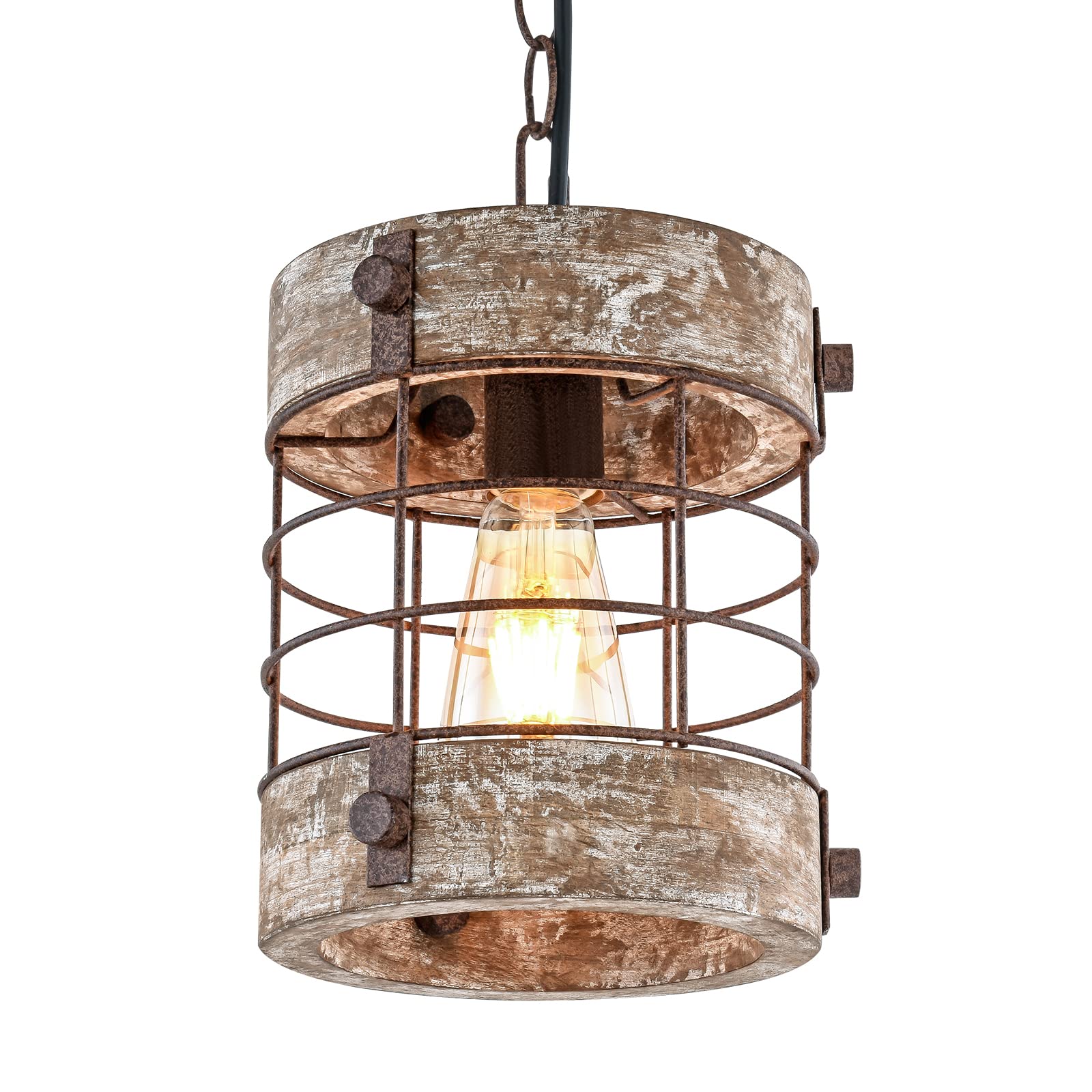 Retro Industrial Metal and Wood Farmhouse Chandeliers, 1-Light Round Cage Pendant Light Fixtures for Farmhouse Kitchen Island Foyer Hallway Bar Dining Room Restaurant, Brown, 2 Pack