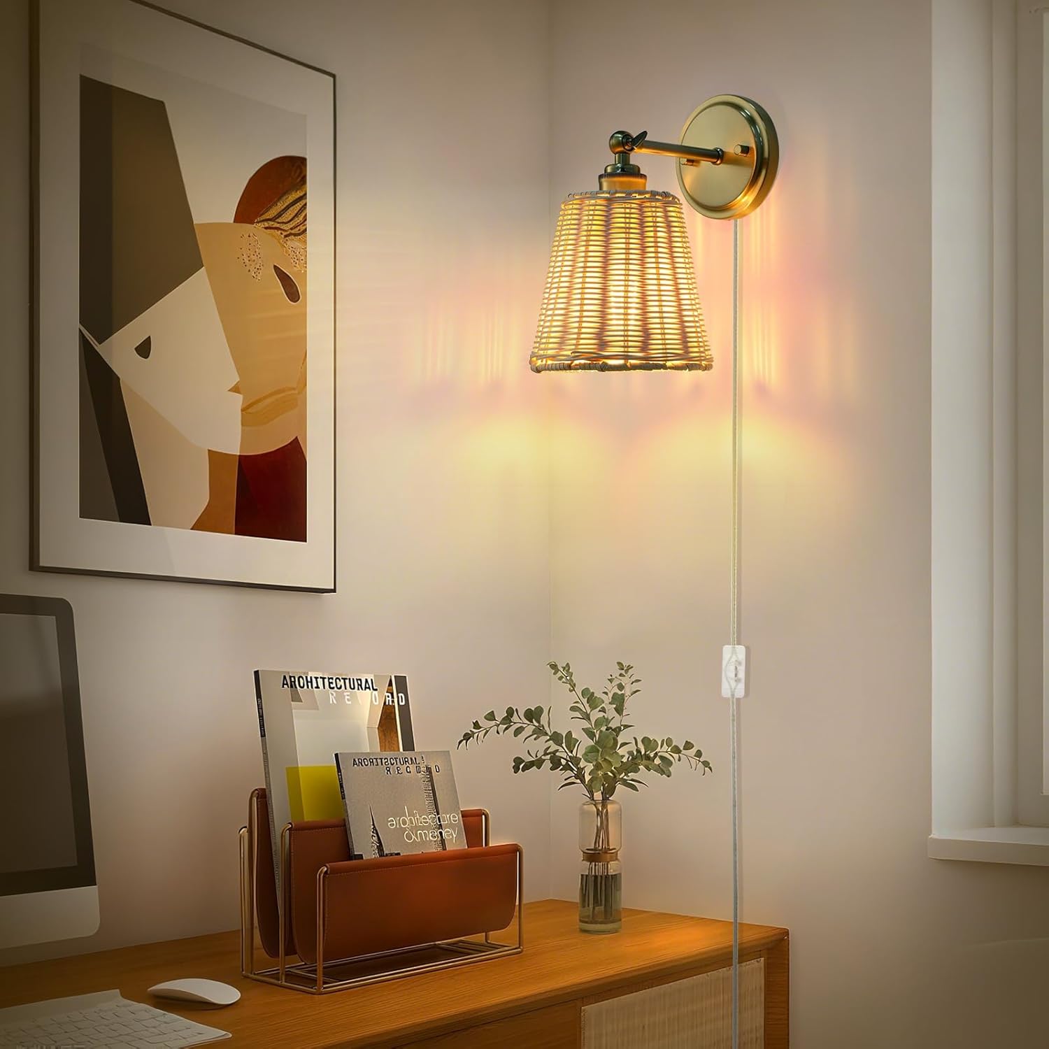 Plug in Wall Sconces, Handwoven Rattan Boho Wall Lamp with Adjustable 180° Lamp Head, E26 Ceramic Base, Perfect for Entryway, Hallway, Stairway, Bedroom, Living Room