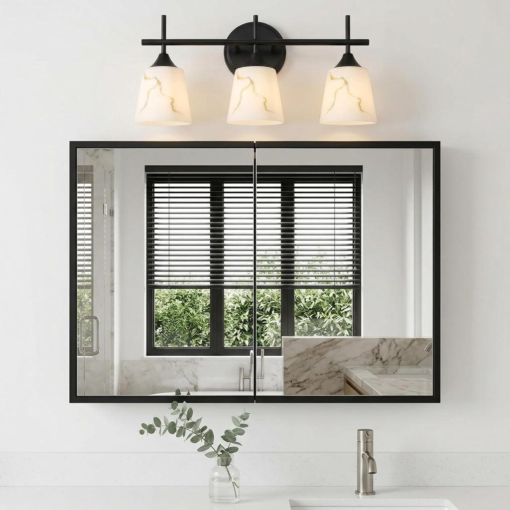 3-Light Black Mid Century Bathroom Light Fixture, Modern Vanity Light with White Marble Glass Shade, for Bathroom Mirror, Living Room, Bedroom, Hallway, E26 Base
