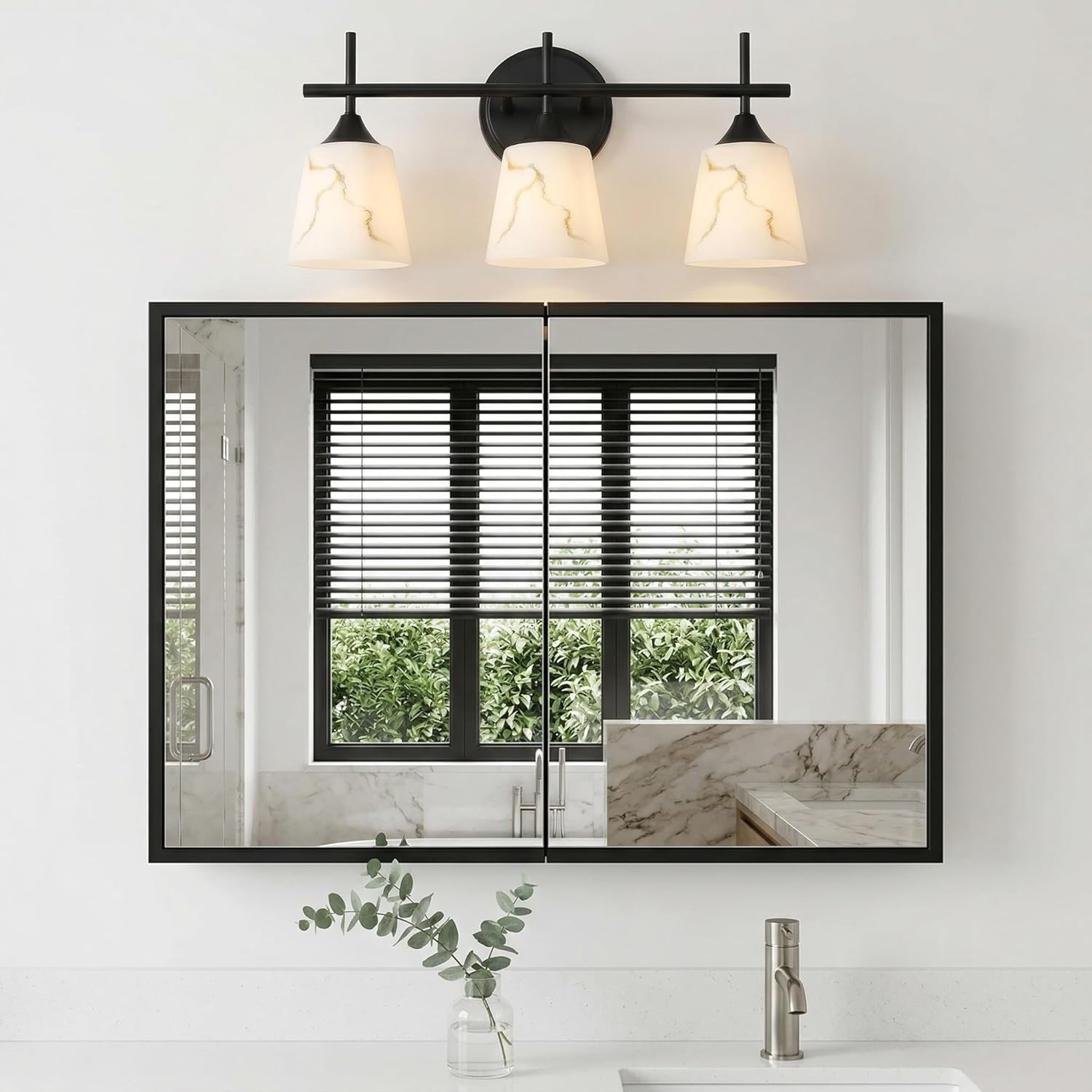 3-Light Black Mid Century Bathroom Light Fixture, Modern Vanity Light with White Marble Glass Shade, for Bathroom Mirror, Living Room, Bedroom, Hallway, E26 Base
