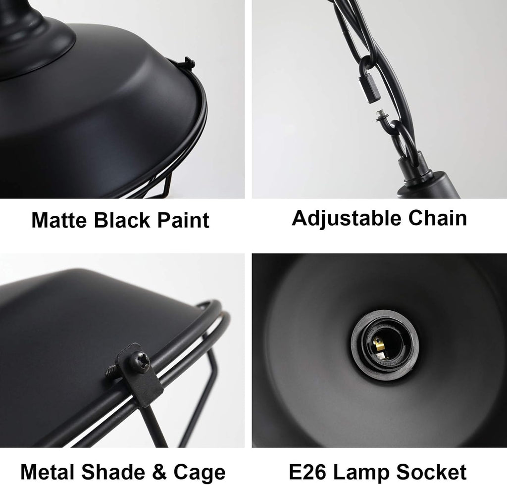 Black Farmhouse Pendant Light - 2 Pack Industrial Vintage Hanging Light Fixtures Metal Wire Cage Pendant Lighting with Adjustable Chain for Kitchen Barn Hallway Porch Dining Room