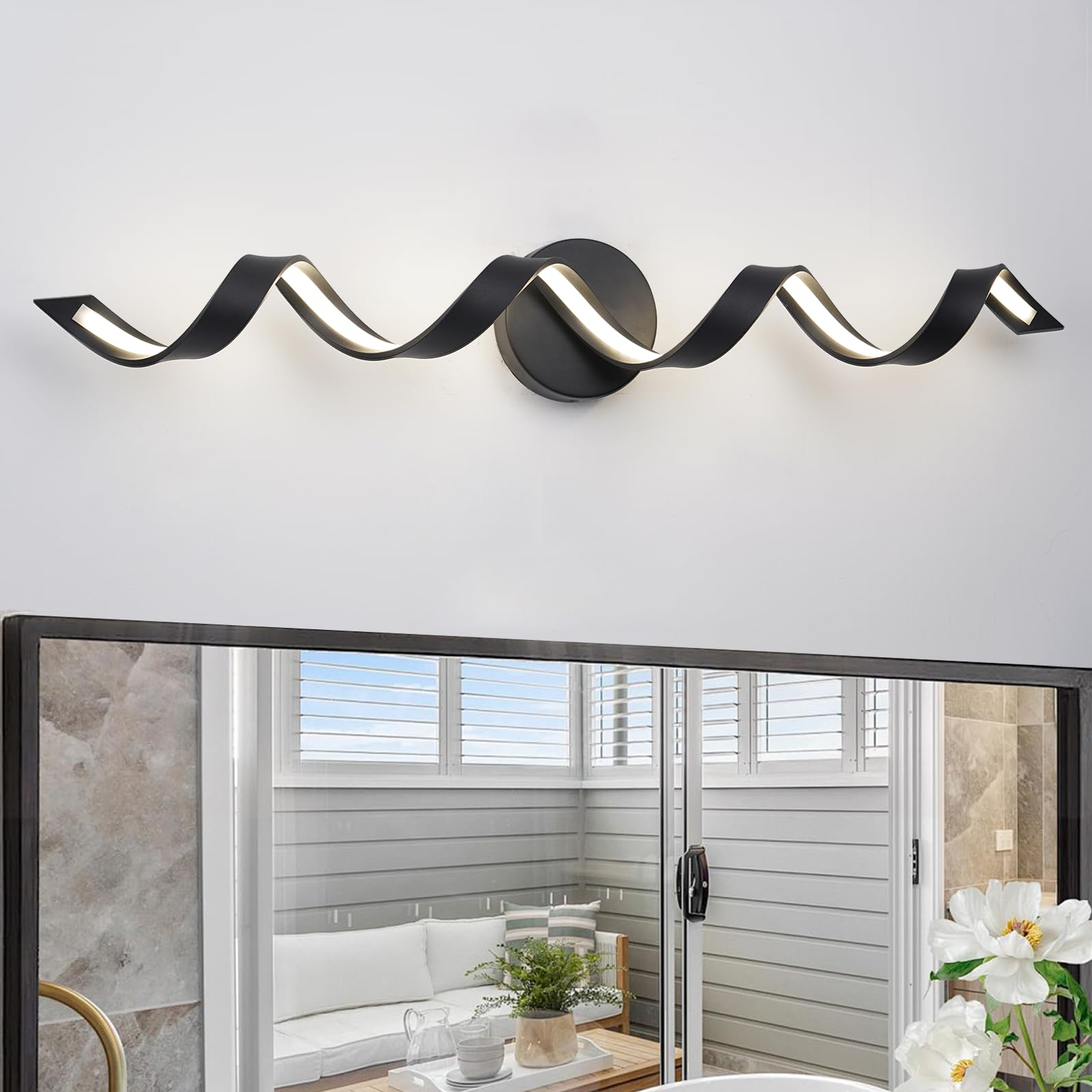 LED Modern Bathroom Vanity Light Fixtures, 24 inch Matte Black Wall Lamp Bedroom 4000K, Spiral Design Wall Sconce for Mirror, Living Room, Bedroom, Hallway 15W
