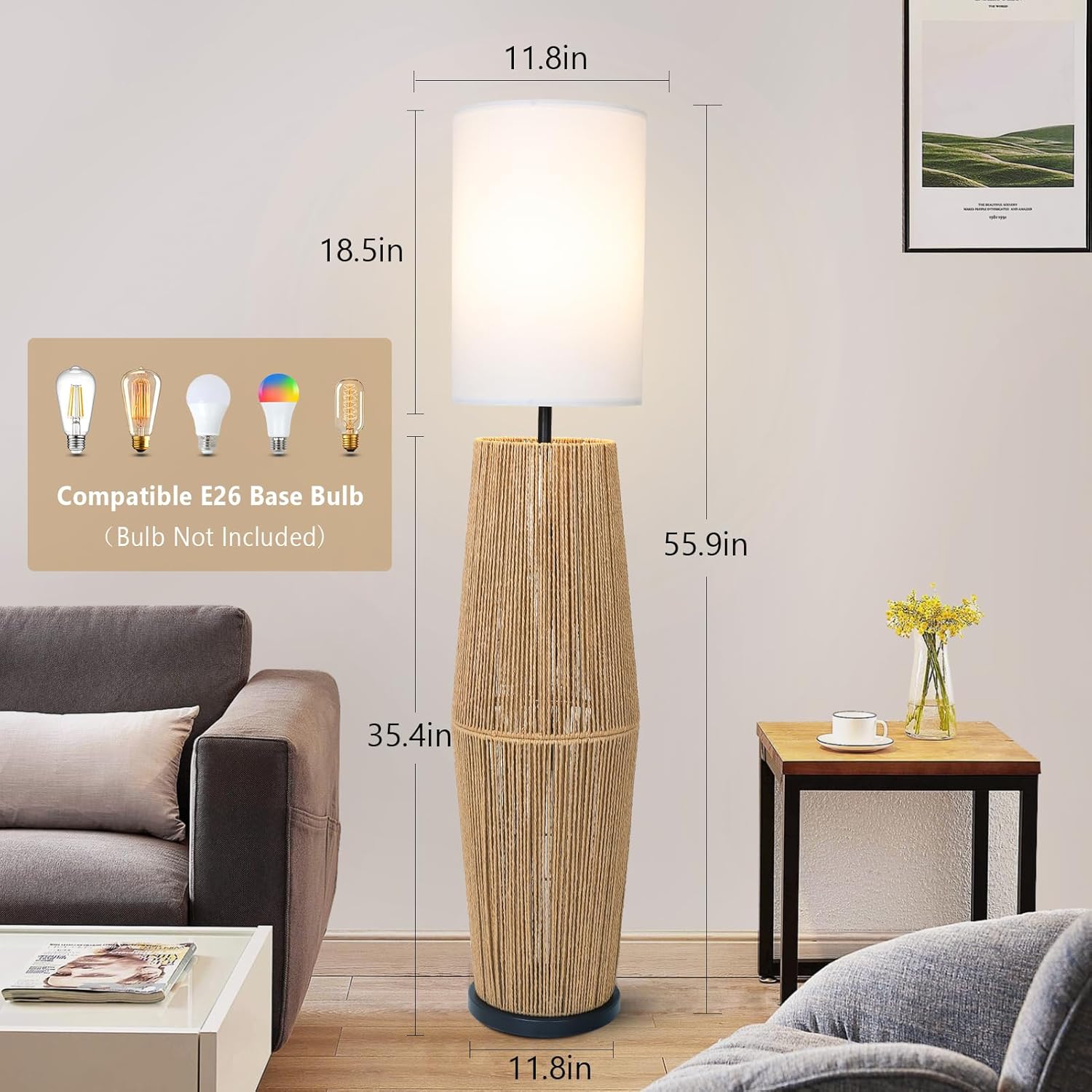 Vintage Floor Lamps for Living Room, Farmhouse Floor Lamp with Linen Shade, Boho Standing Lamp for Home Decor, Rustic Tall Lamp for Bedroom Office, Display Column Corner Lamp