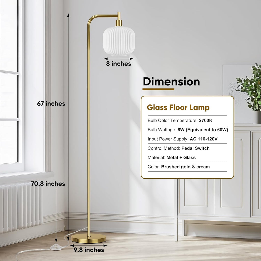 QiMH Glass Floor Lamp for Living Room, 67” Modern Standing Lamp with Cream Ribbed Glass Lampshade Pedal Switch Tall Lamp for Bedroom, Brushed Gold (2700K LED Bulb Included)