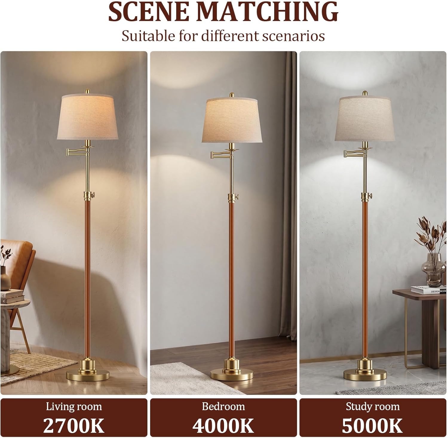 Vintage Floor Lamp for living room, Walnut Gold Farmhouse Standing Lamp with 350° Swivel Swing Arm, 56.6''-66'' Mid Century Modern Height Adjustable Tall Lamp for Bedroom Office(LED Bulb Included)
