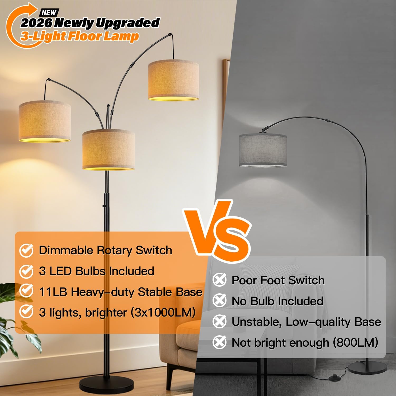 Dimmable 3 Lights Floor Lamp - 3000LM Super Bright Arc Floor Lamps for Living Room, Modern Tall Standing Lamp With Beige Shades, Mid Century Tree Floor Lamp for Bedroom Office, 3 LED Bulbs Included