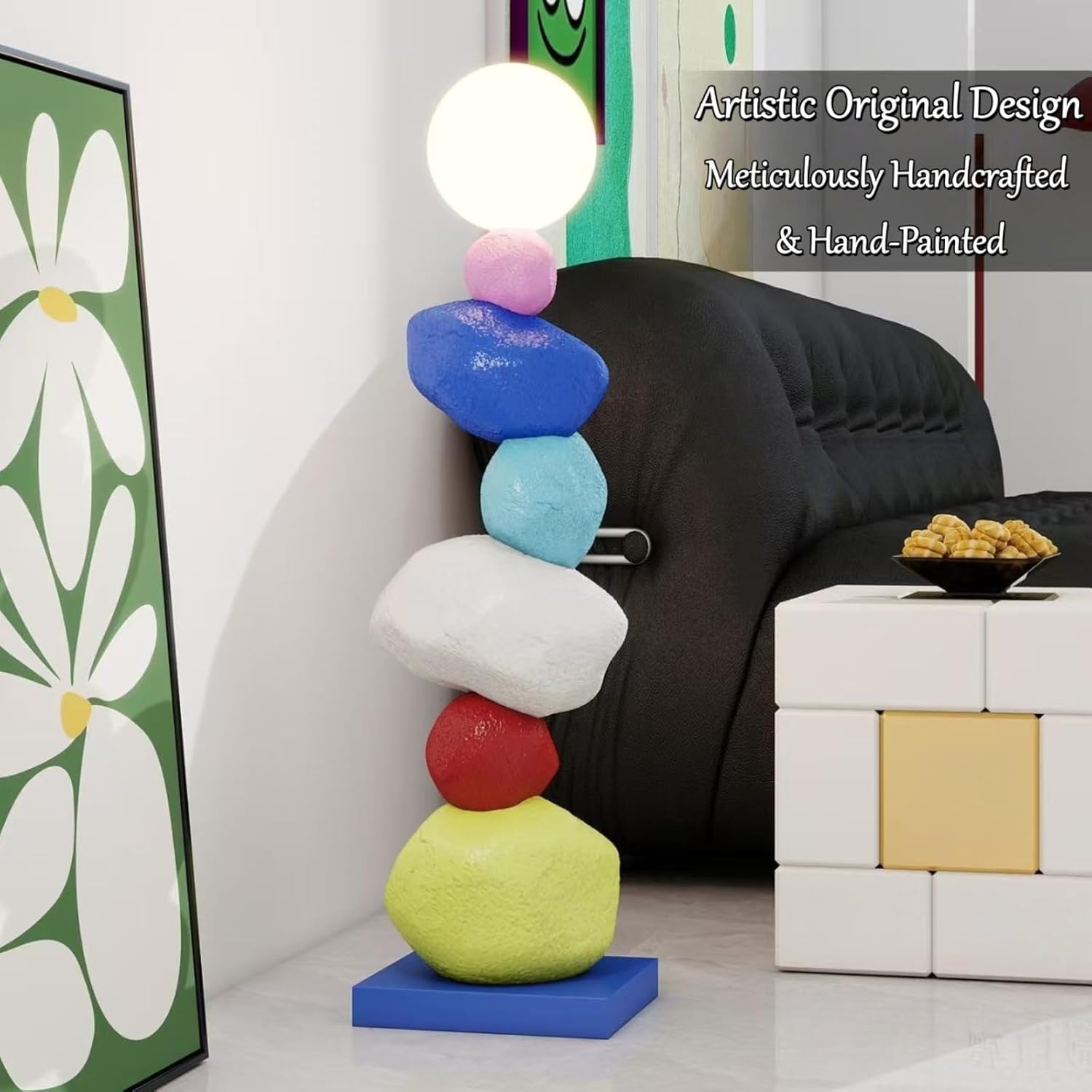 Pebble Stacked Stone Floor Lamp - Modern Nordic LED RGB Touch Light, Tri Color Dimming Atmosphere Light, Artistic Zen Design for Living Room, Bedroom, and Corner, Key Lighting (Brown)