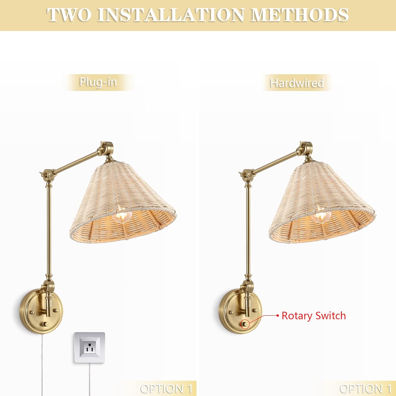 WINGBO Wall Sconce Rattan Wrapped Wall Lamp, Large Lampshade, Adjustable Swing Arm Wall Light Gold Vintage Bedside Light Fixture Wicker Handmade Shade Brass Reading Light Plug in or Hardwire (2 Pack)