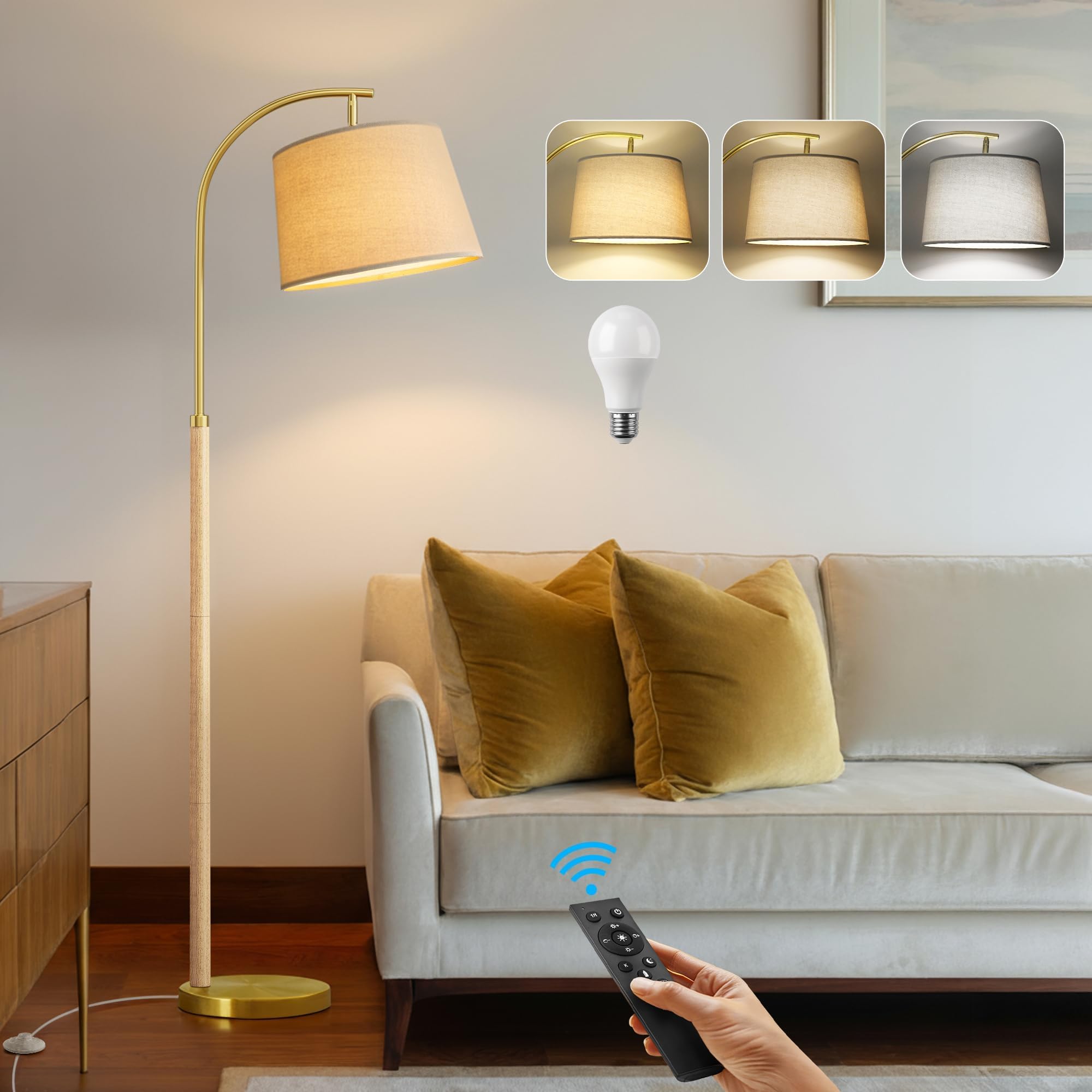 G-SAFAVA Real Wood Floor Lamps for Living Room Bedroom, 62.5" Mid Century Modern Lamp Gold Standing Tall Arc Lamps with Foot Switch, Floor Lamps for Nursery Office Decor Corner Reading Room Light