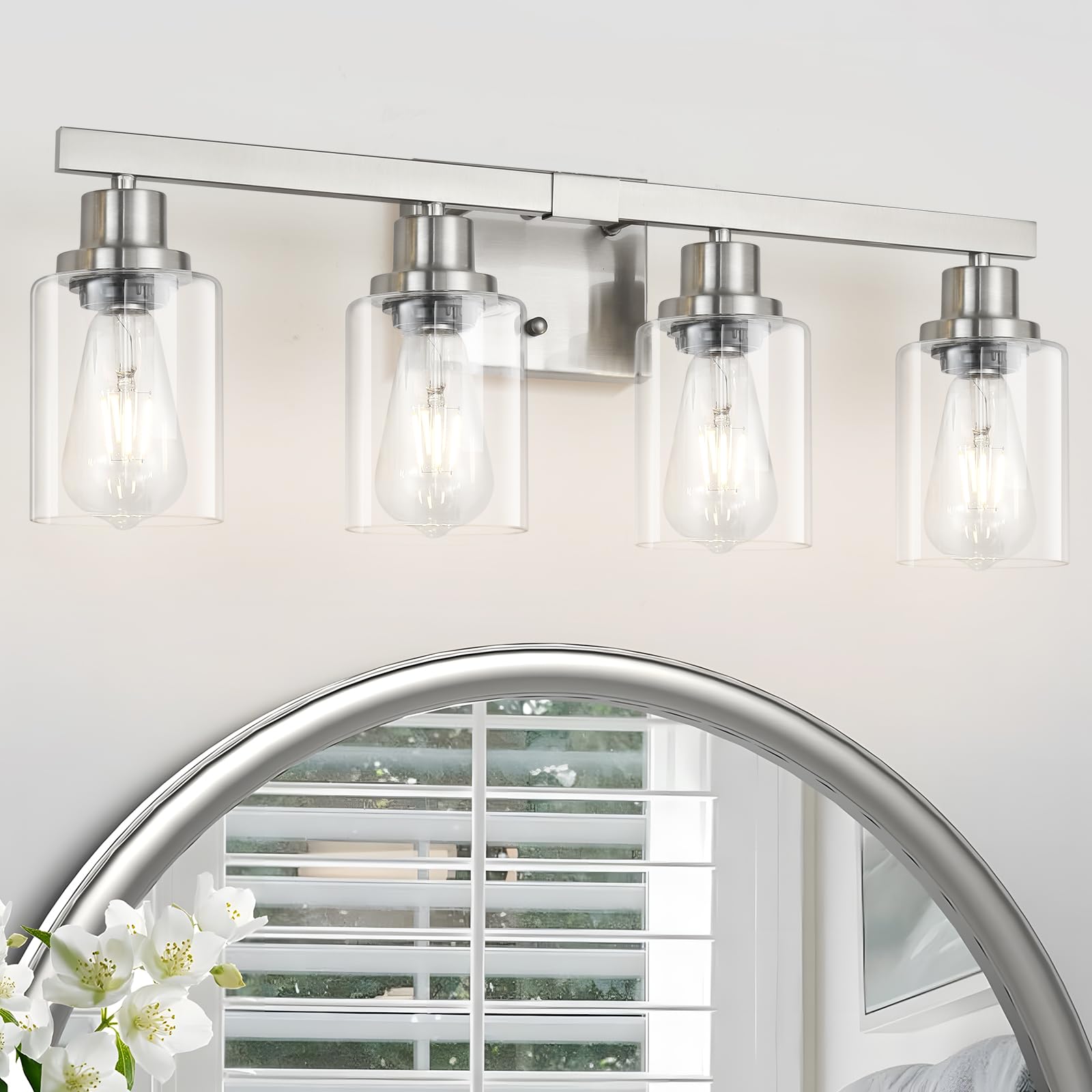 4-Light Bathroom Vanity Light, Modern Matte Black Wall Sconce Lighting with Clear Glass Shade, Bathroom Lighting Fixtures Over Mirror,Vintage Wall Mounted Lamps for Mirror Bedroom,Living Room