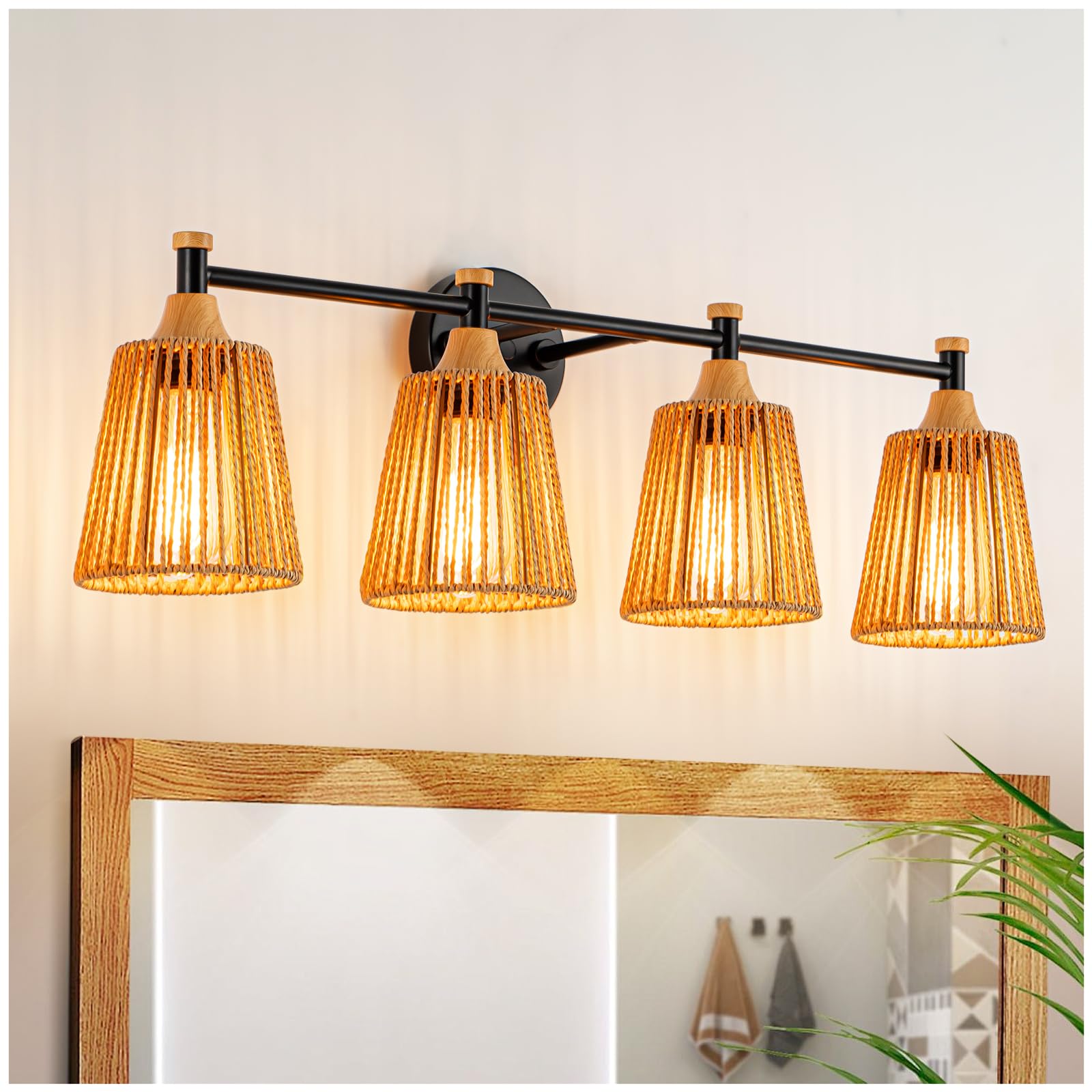 Boho Bathroom Light Fixtures, Rustic 2-Light Vanity Lights Over Mirror, Farmhouse Rattan Vanity Lighting with Hand-Woven Shades for Bedroom Bathroom Hallway Restroom