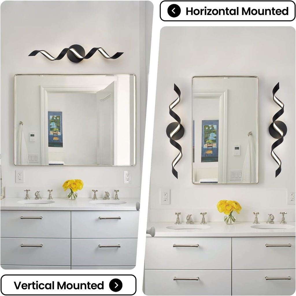 LED Modern Bathroom Vanity Light Fixtures, 24 inch Matte Black Wall Lamp Bedroom 4000K, Spiral Design Wall Sconce for Mirror, Living Room, Bedroom, Hallway 15W