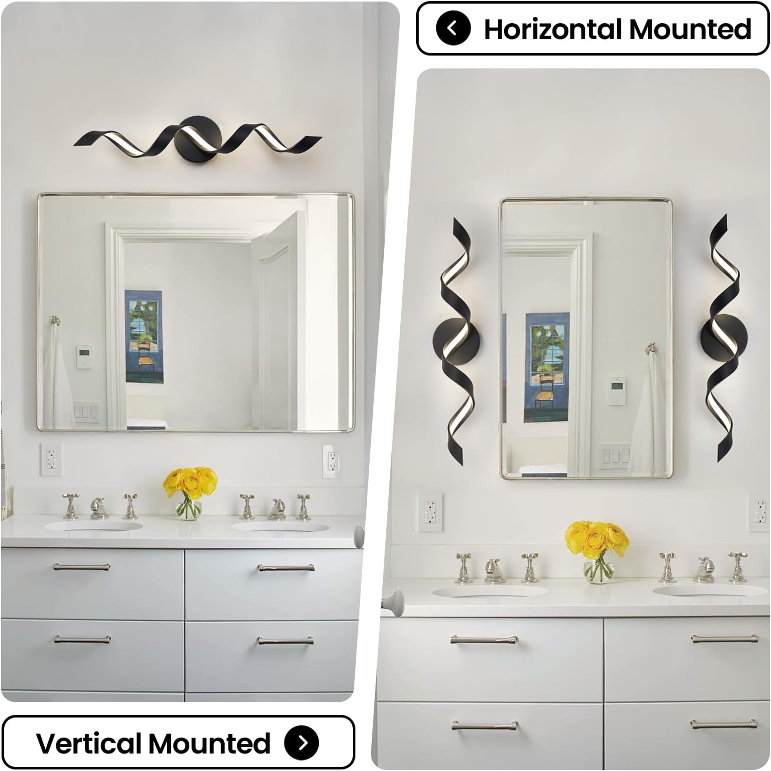 LED Modern Bathroom Vanity Light Fixtures, 24 inch Matte Black Wall Lamp Bedroom 4000K, Spiral Design Wall Sconce for Mirror, Living Room, Bedroom, Hallway 15W